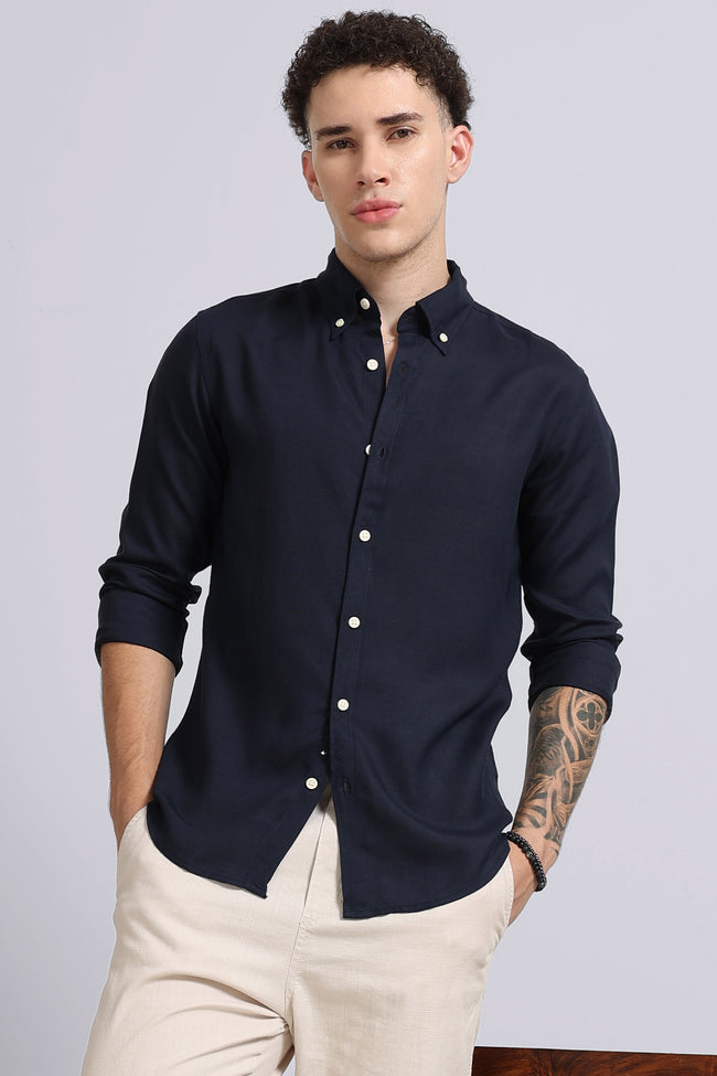 Men Navy Viscose Linen Shirt
