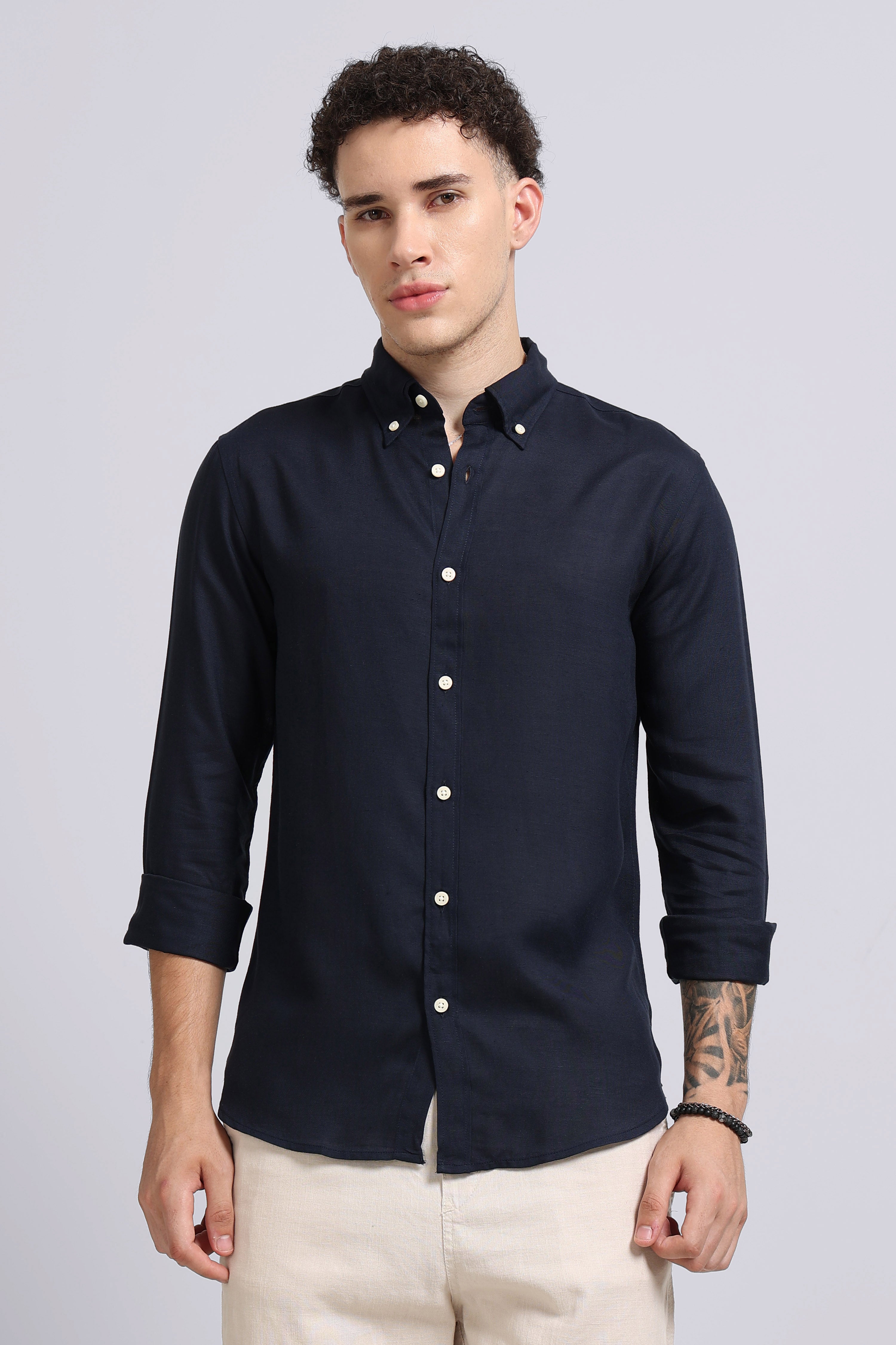 Men Navy Viscose Linen Shirt