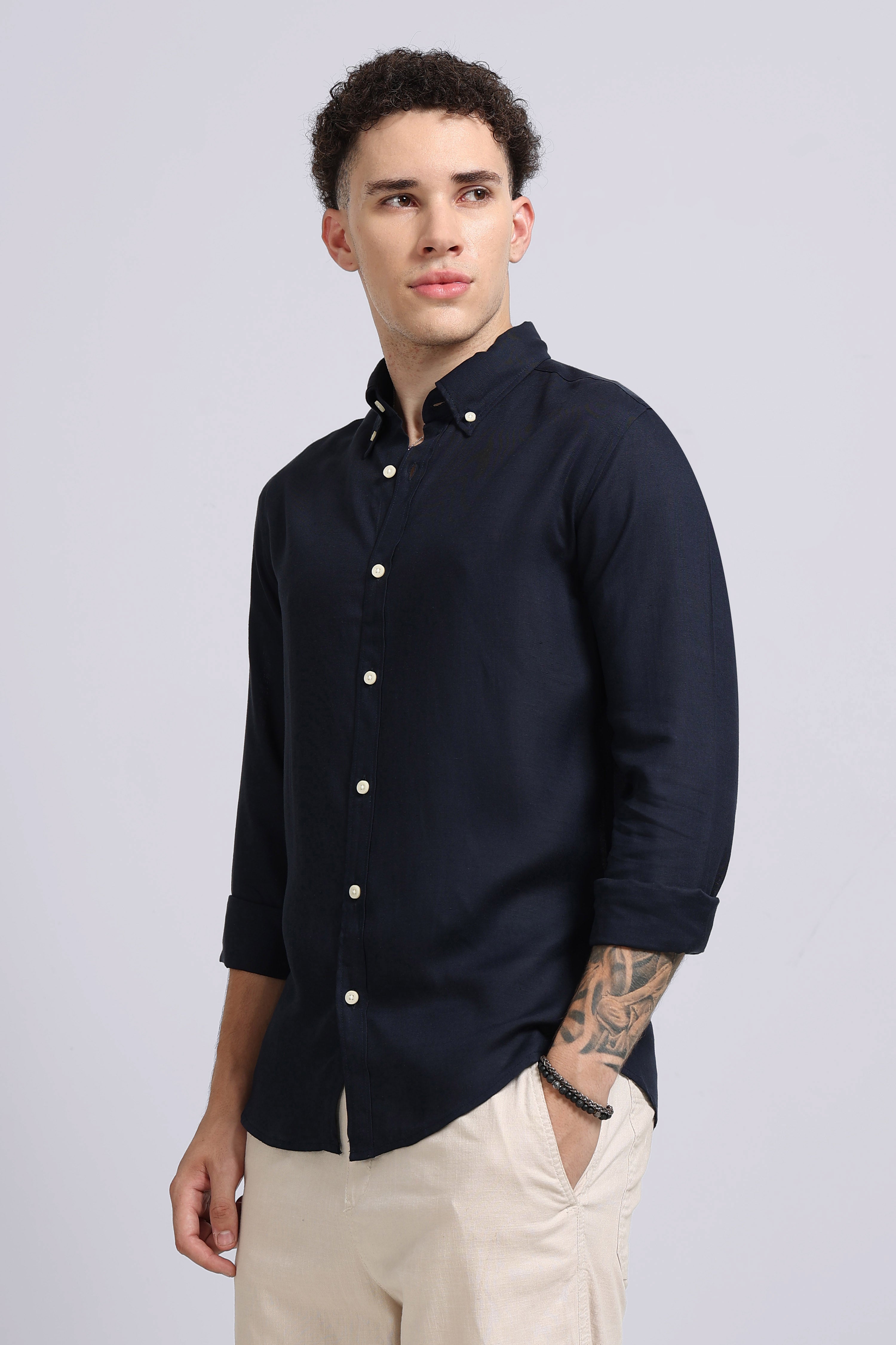 Men Navy Viscose Linen Shirt