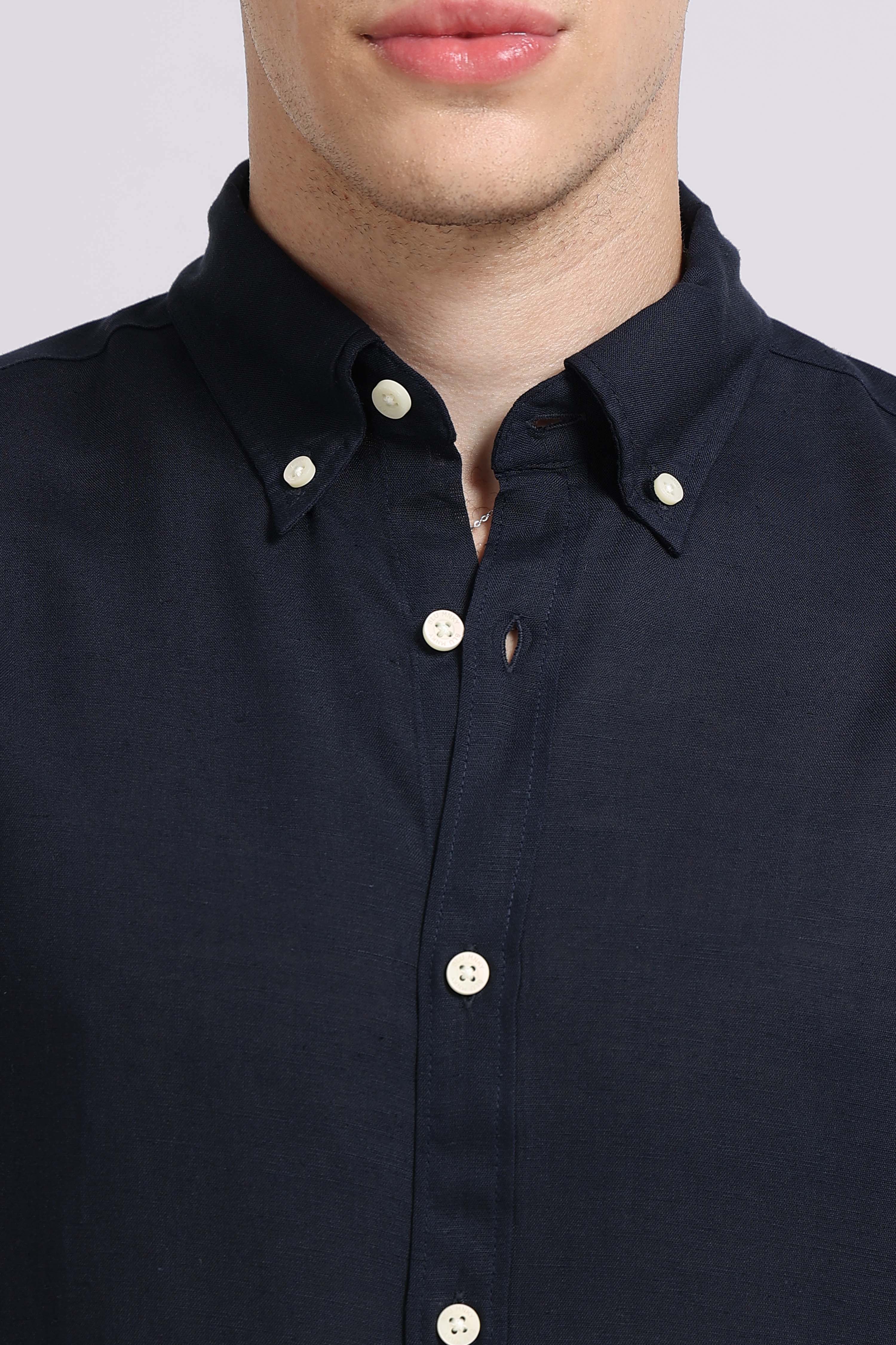 Men Navy Viscose Linen Shirt
