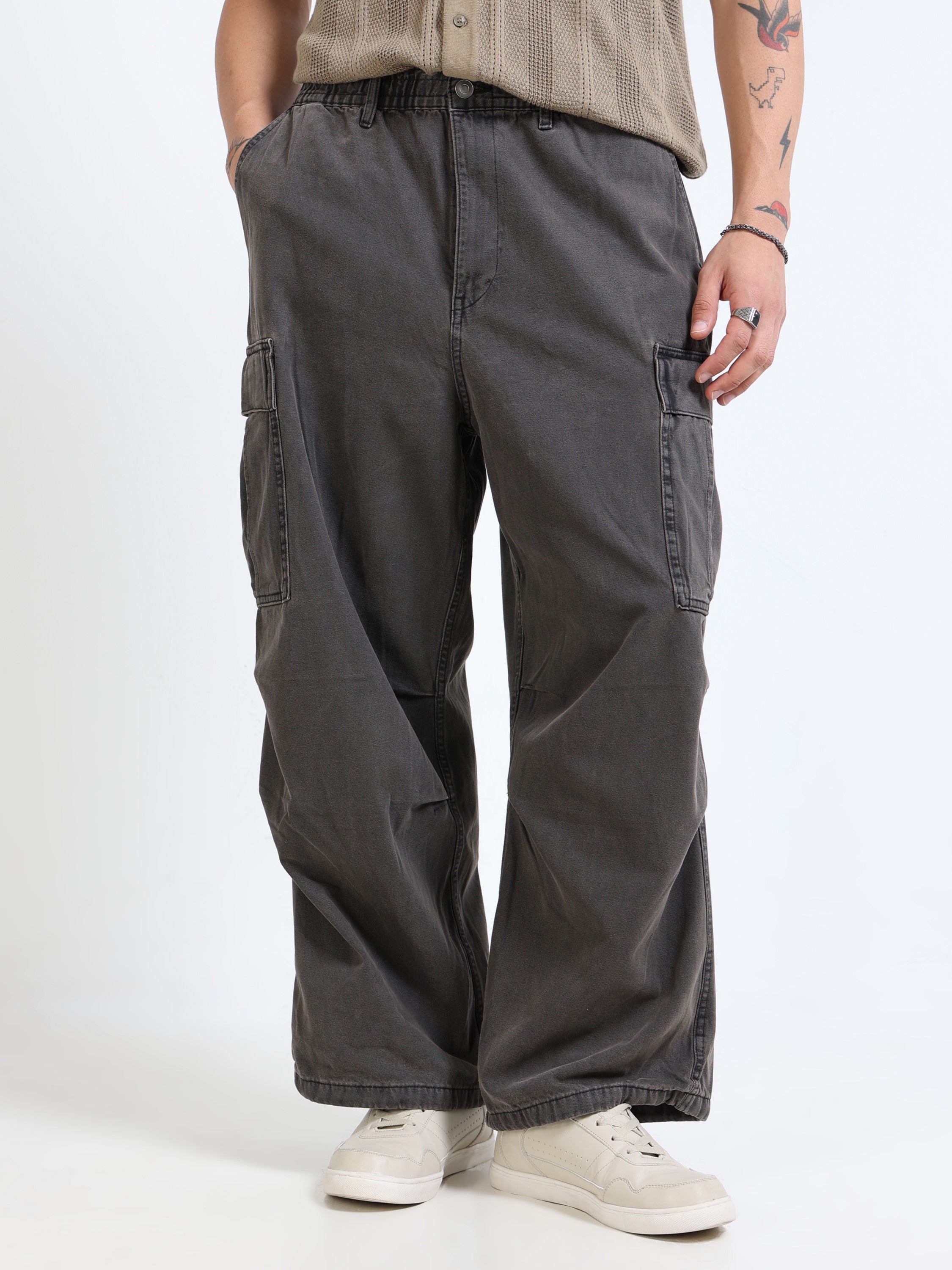 Men Black Denim Baggy Cargo Pants