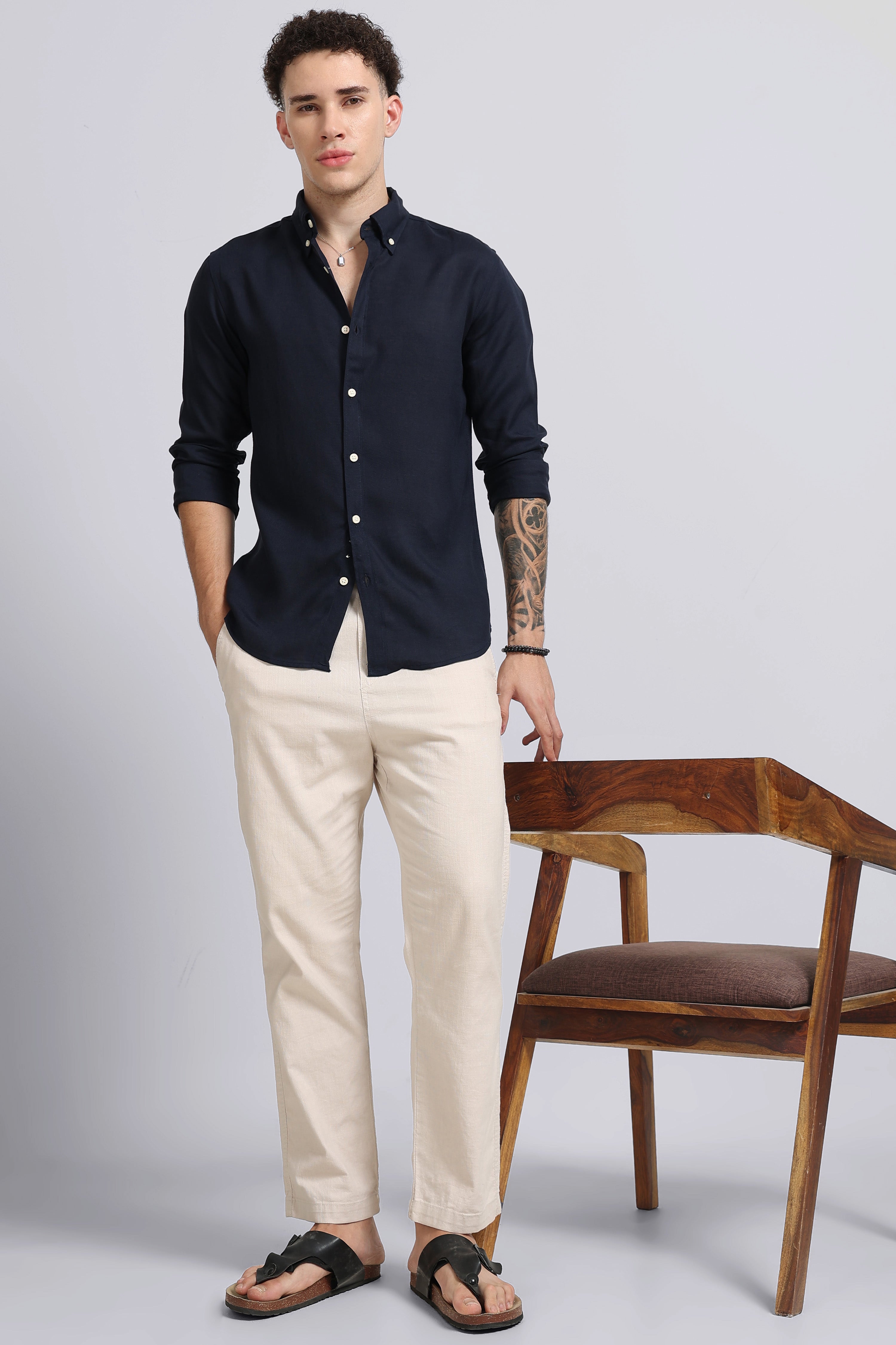 Men Navy Viscose Linen Shirt
