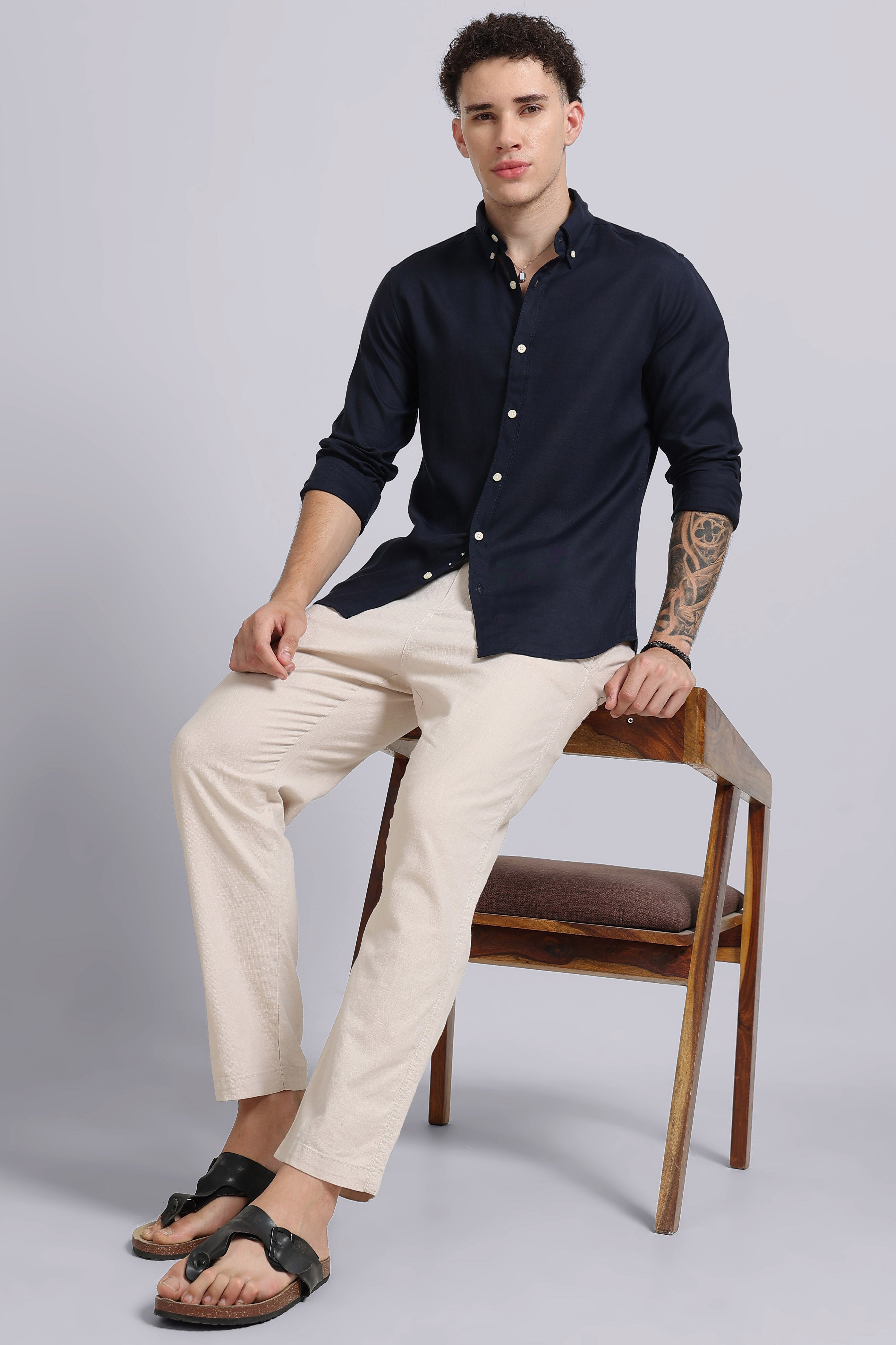 Men Navy Viscose Linen Shirt