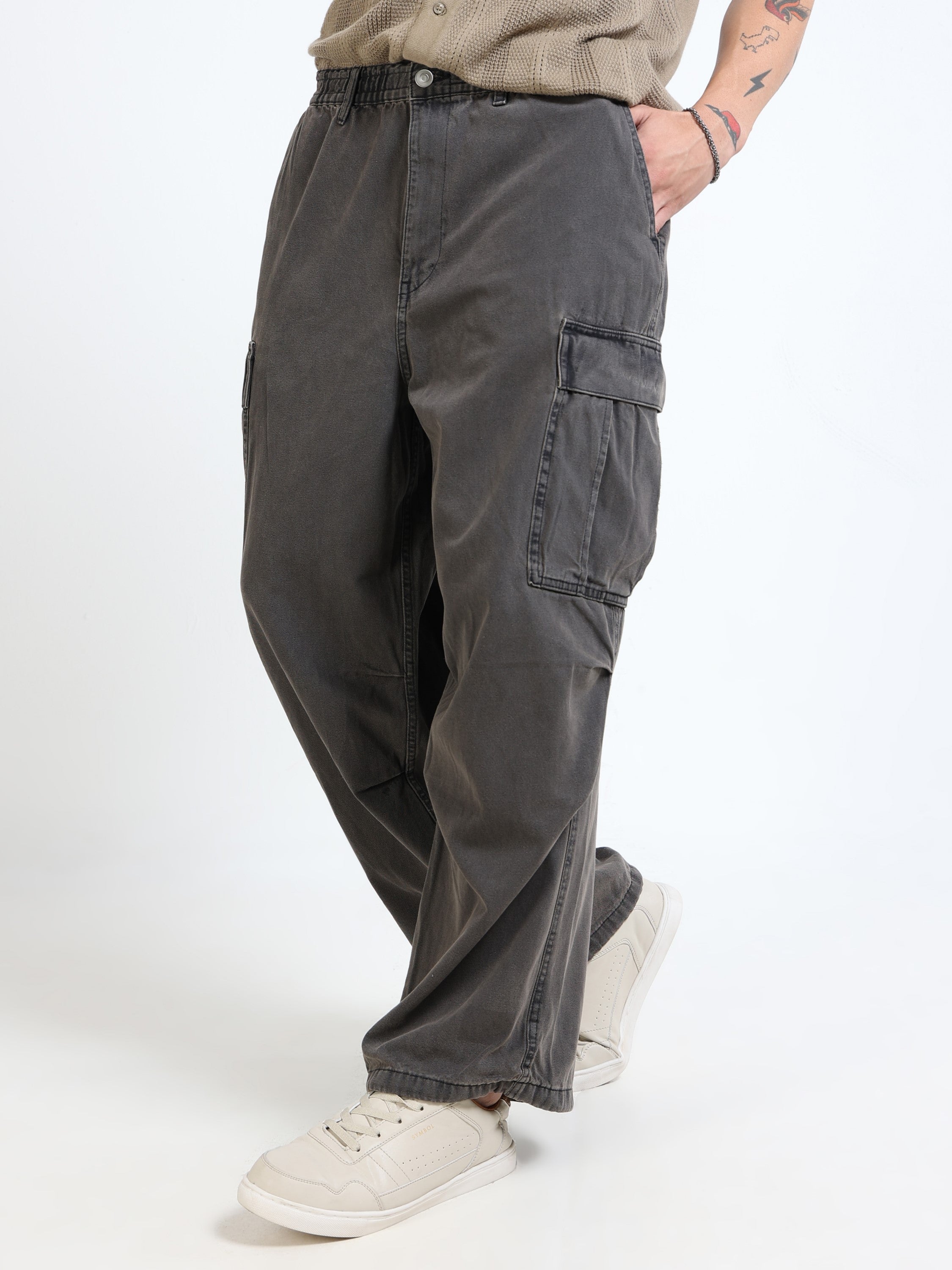 Men Black Denim Baggy Cargo Pants