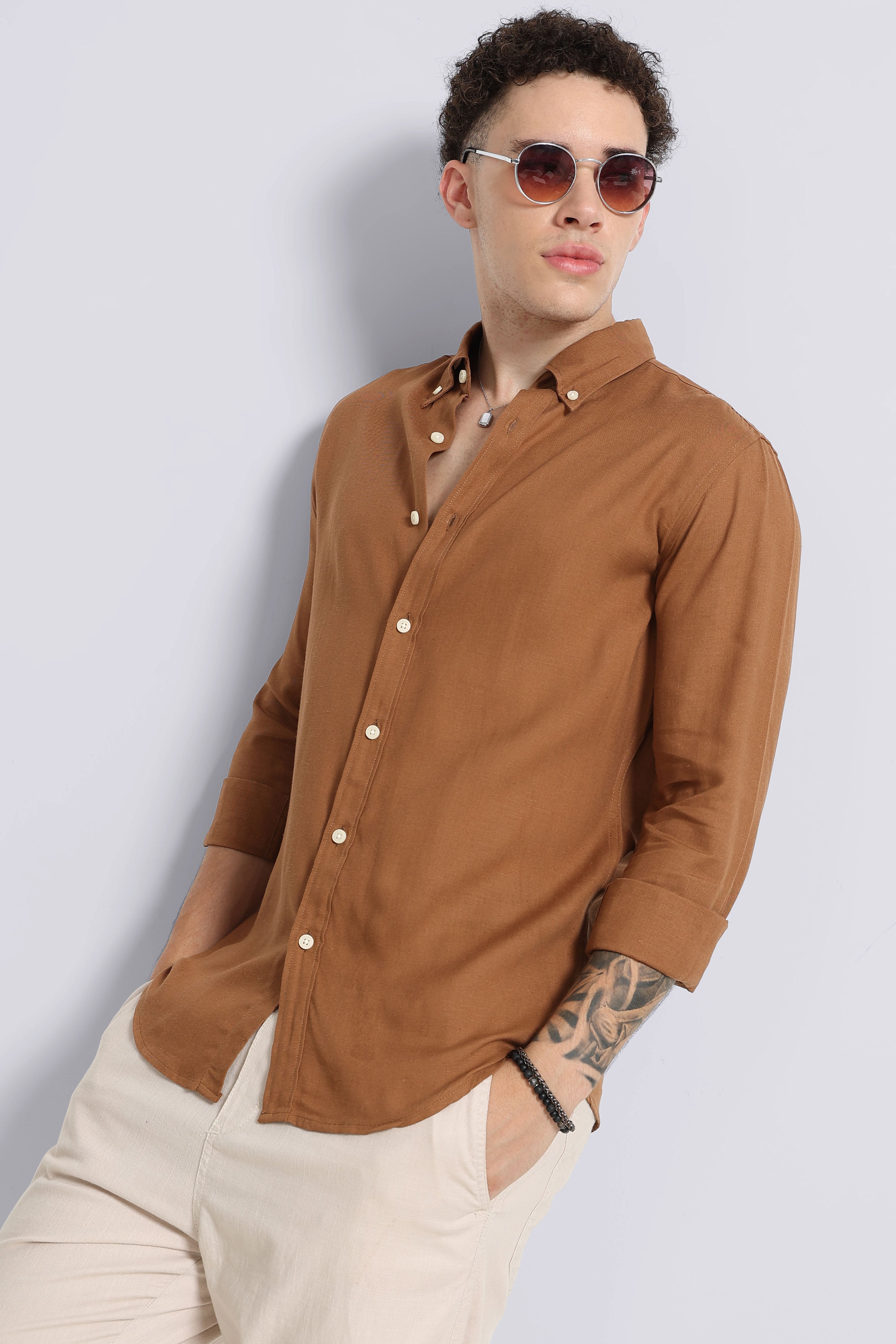 Men Brown Viscose Linen Shirt