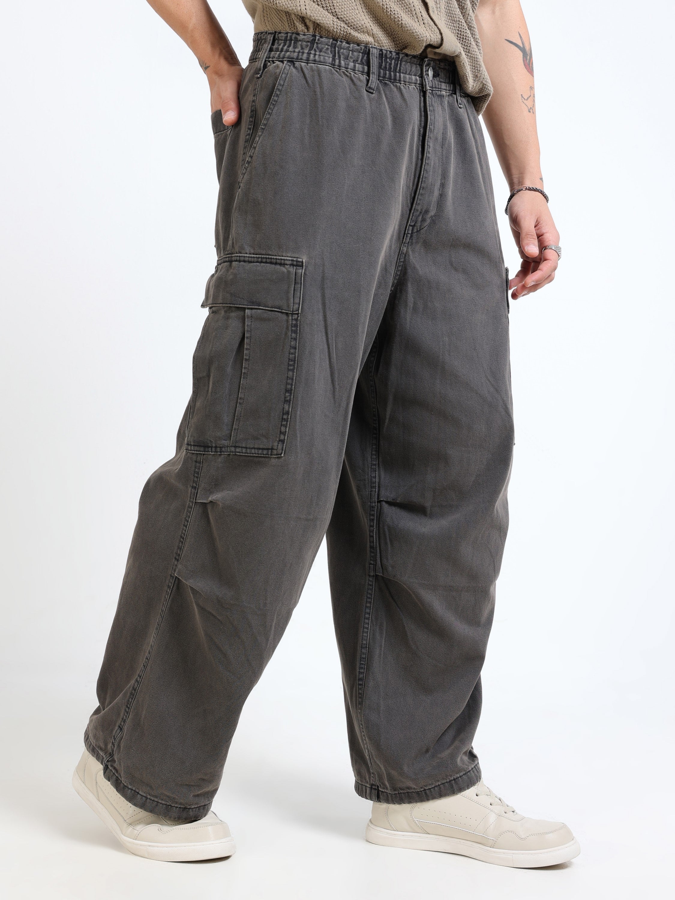 Men Black Denim Baggy Cargo Pants