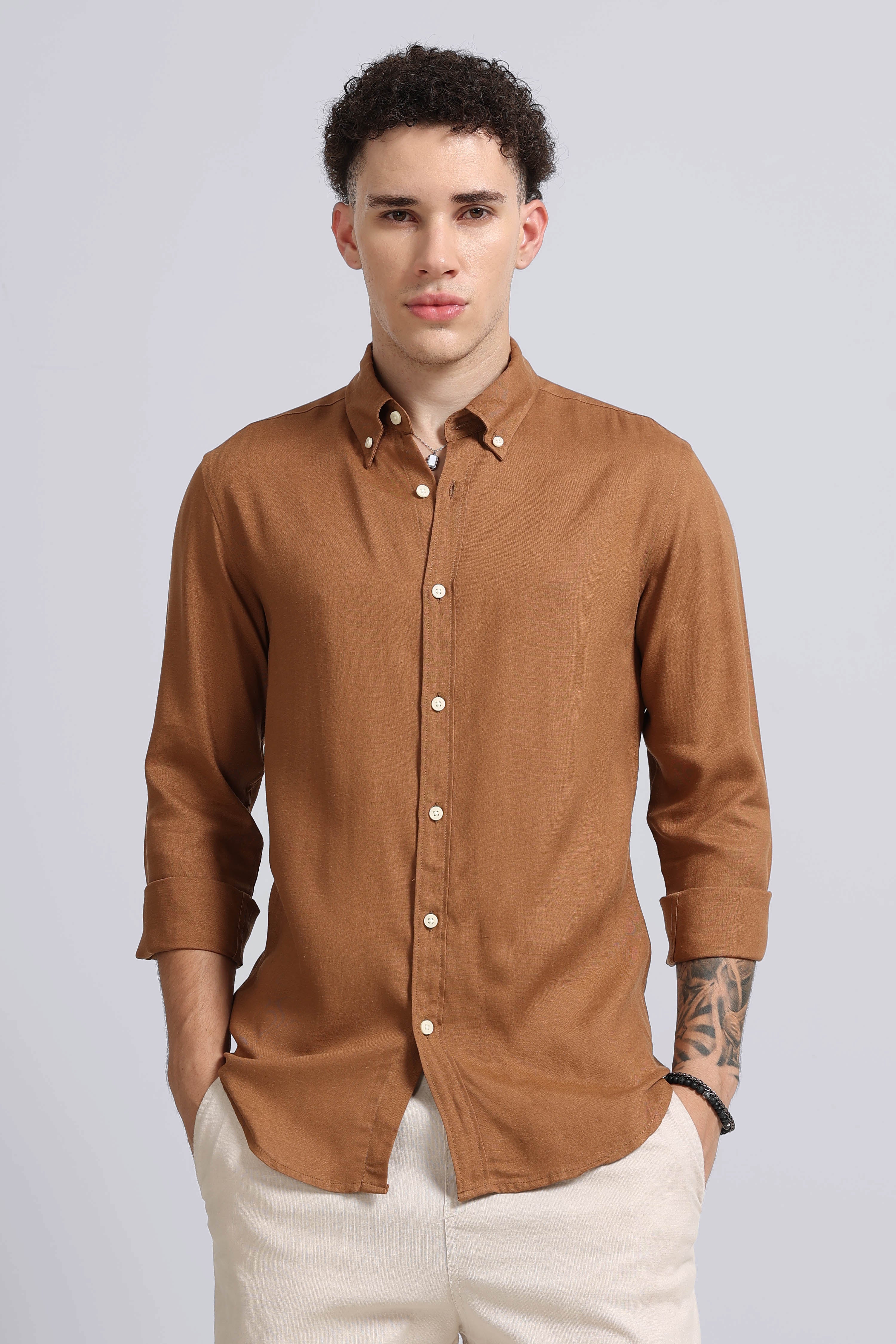 Men Brown Viscose Linen Shirt