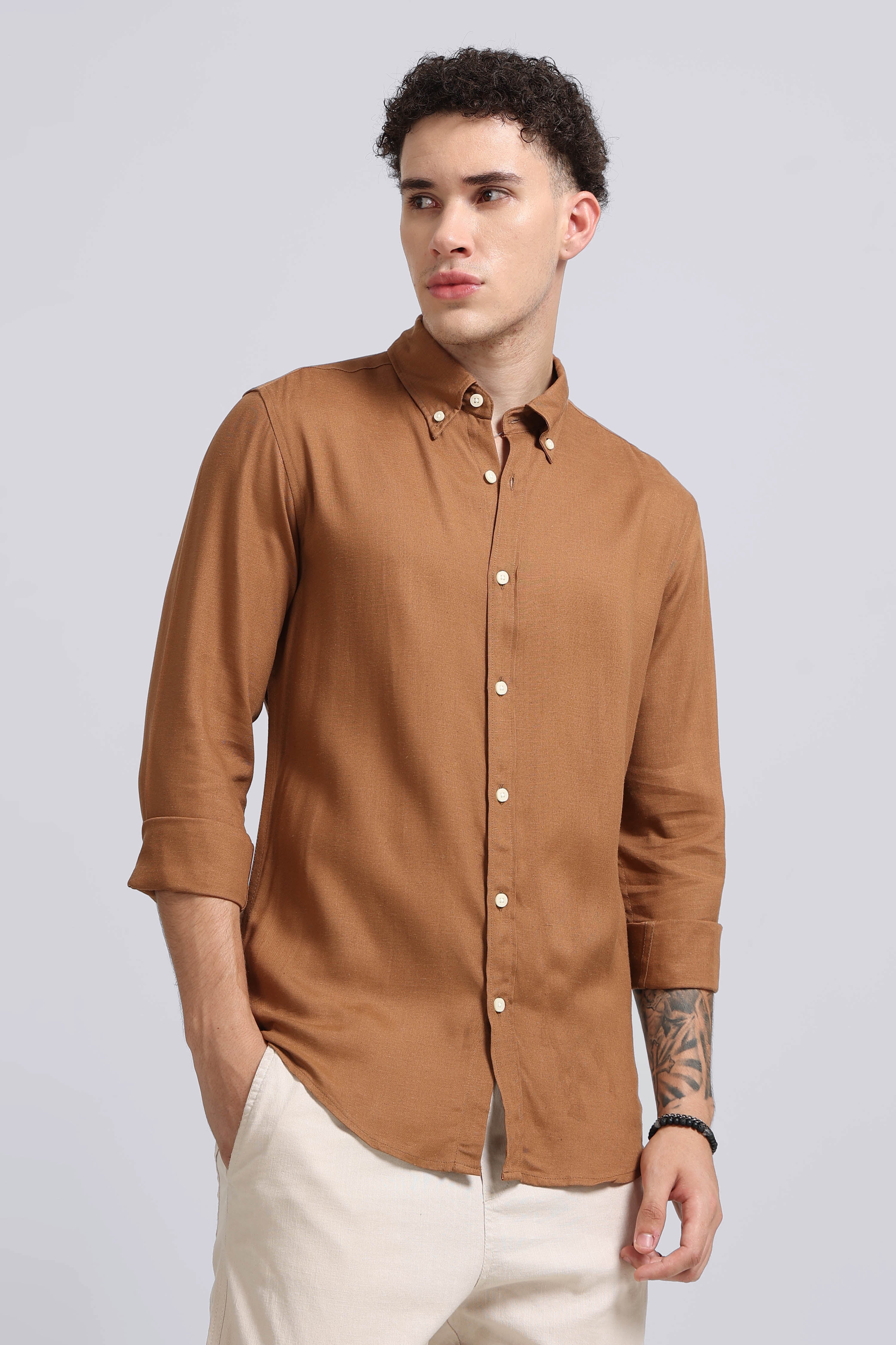 Men Brown Viscose Linen Shirt