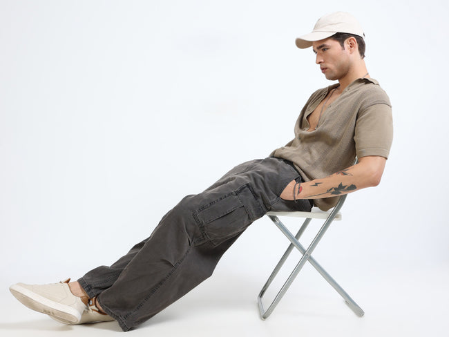 Men Black Denim Baggy Cargo Pants