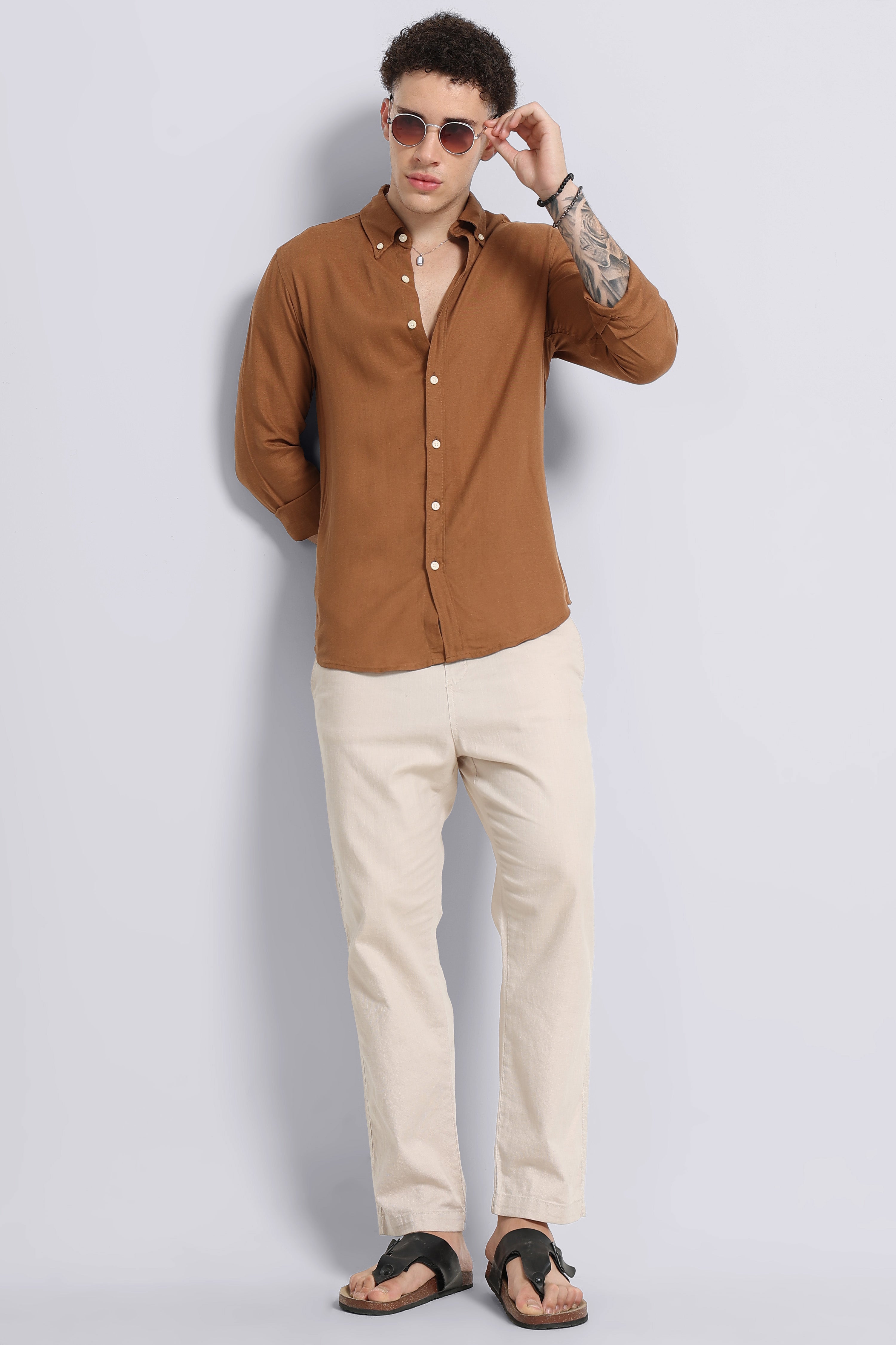 Men Brown Viscose Linen Shirt