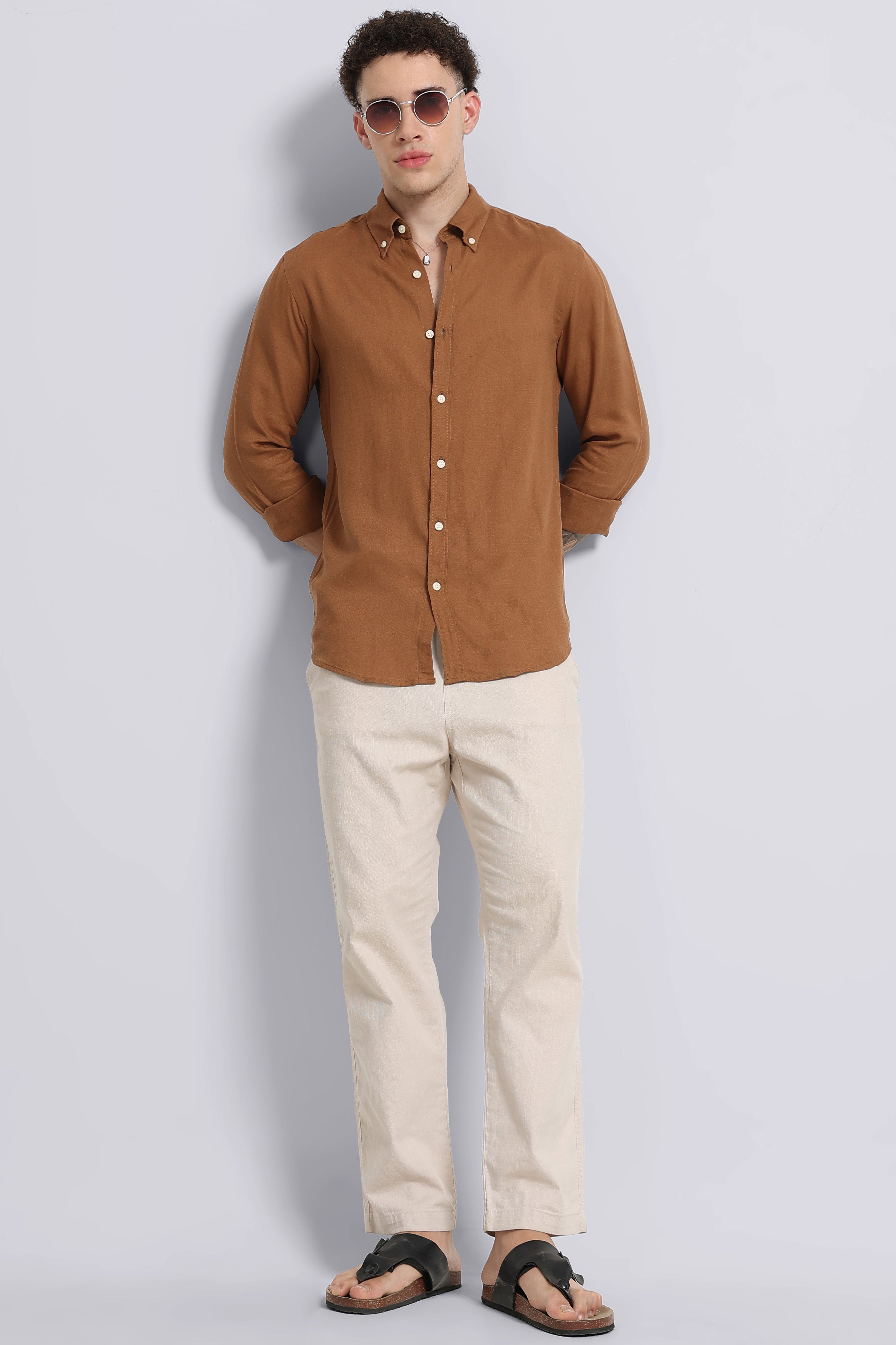 Men Brown Viscose Linen Shirt