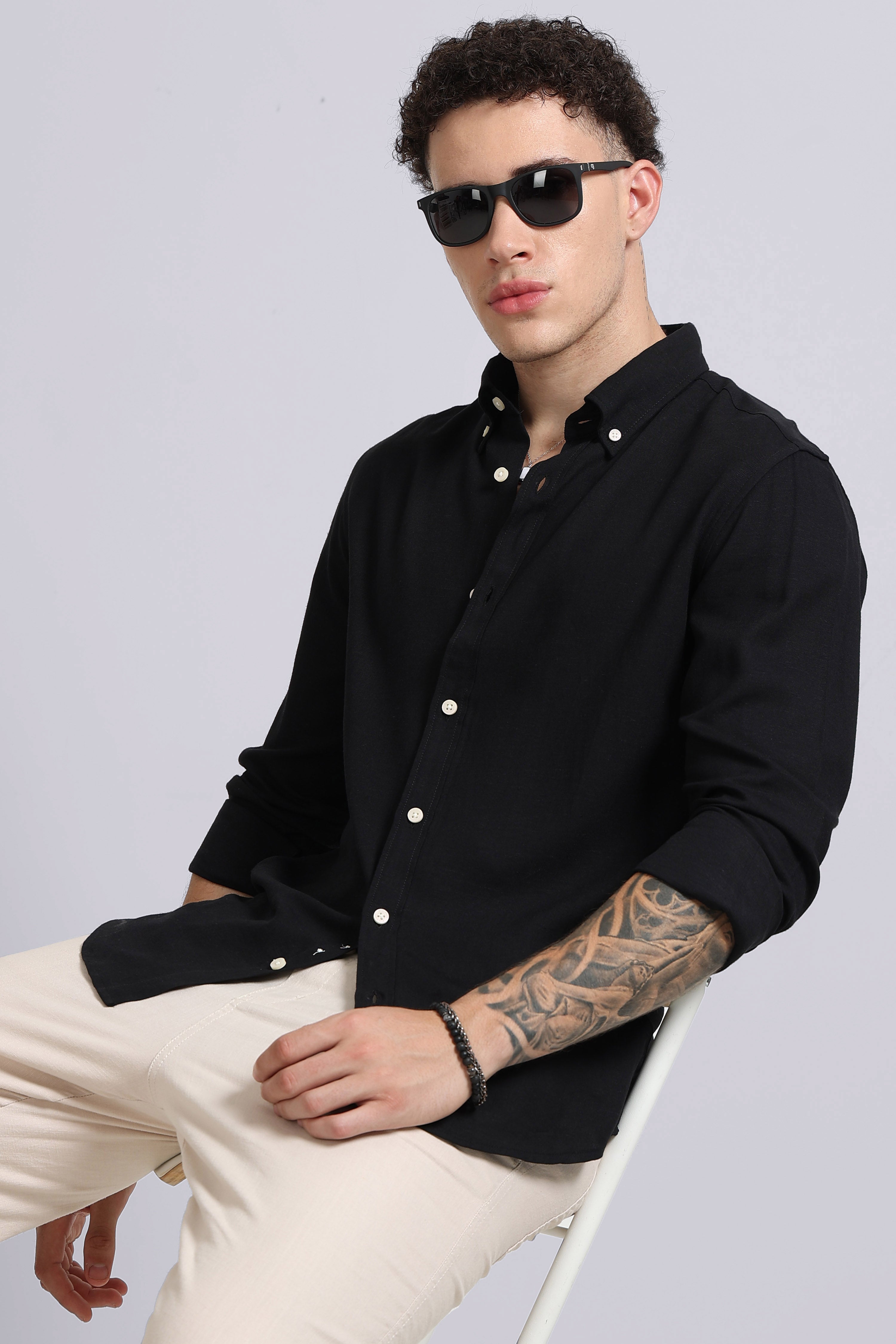 Men Black Viscose Linen Shirt