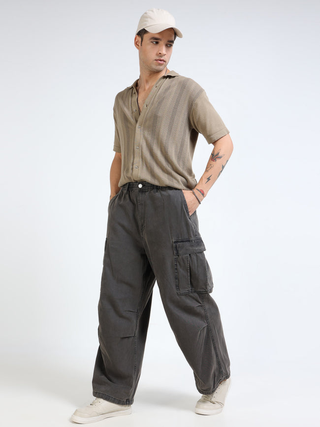 Men Black Denim Baggy Cargo Pants