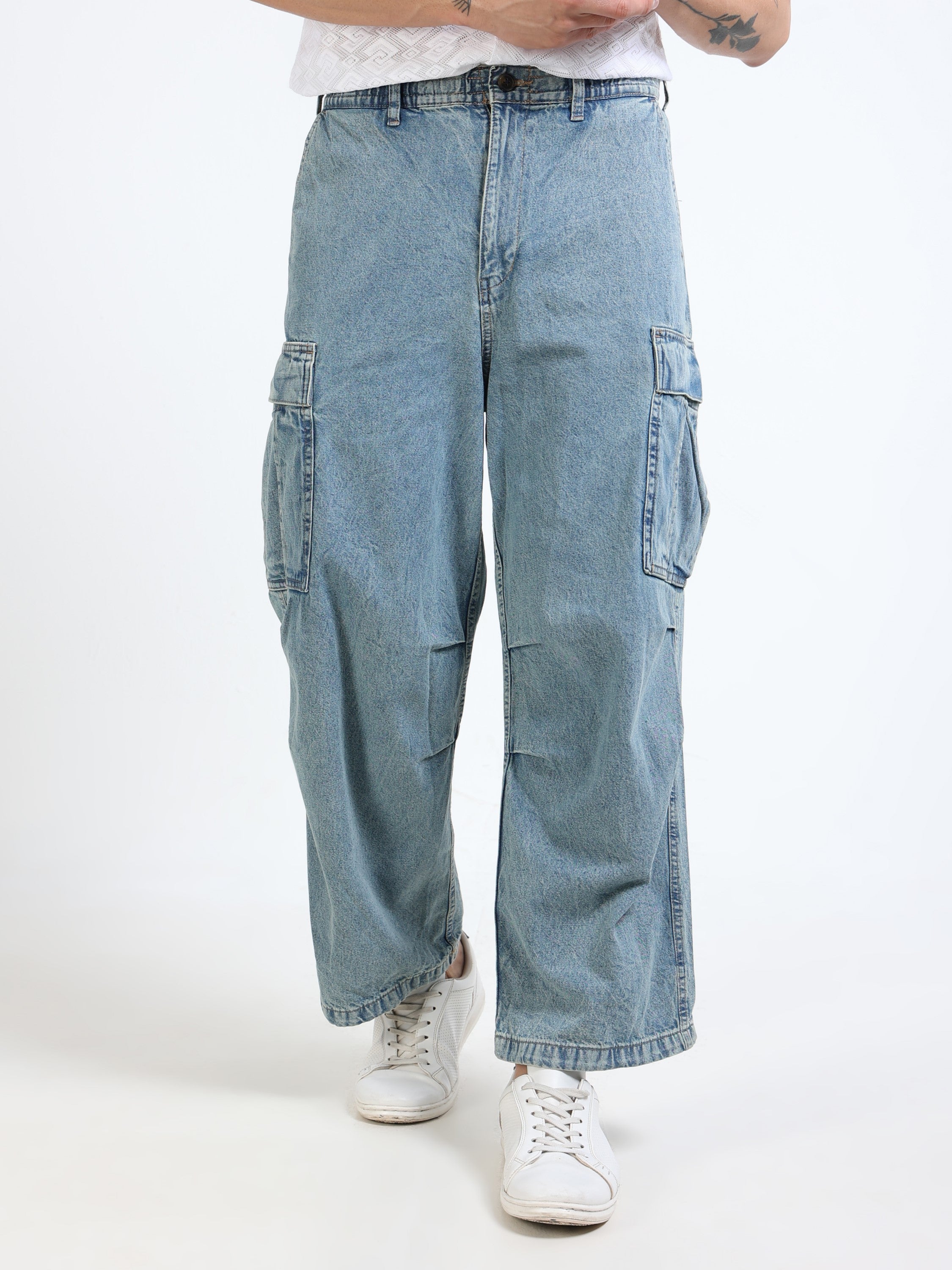 Men Blue Denim Baggy Cargo Pants