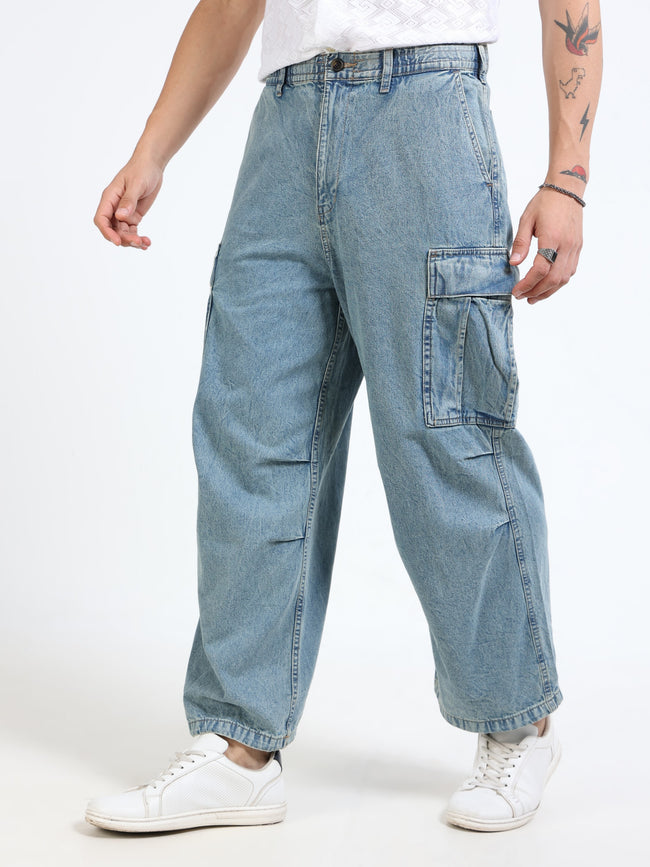 Men Blue Denim Baggy Cargo Pants