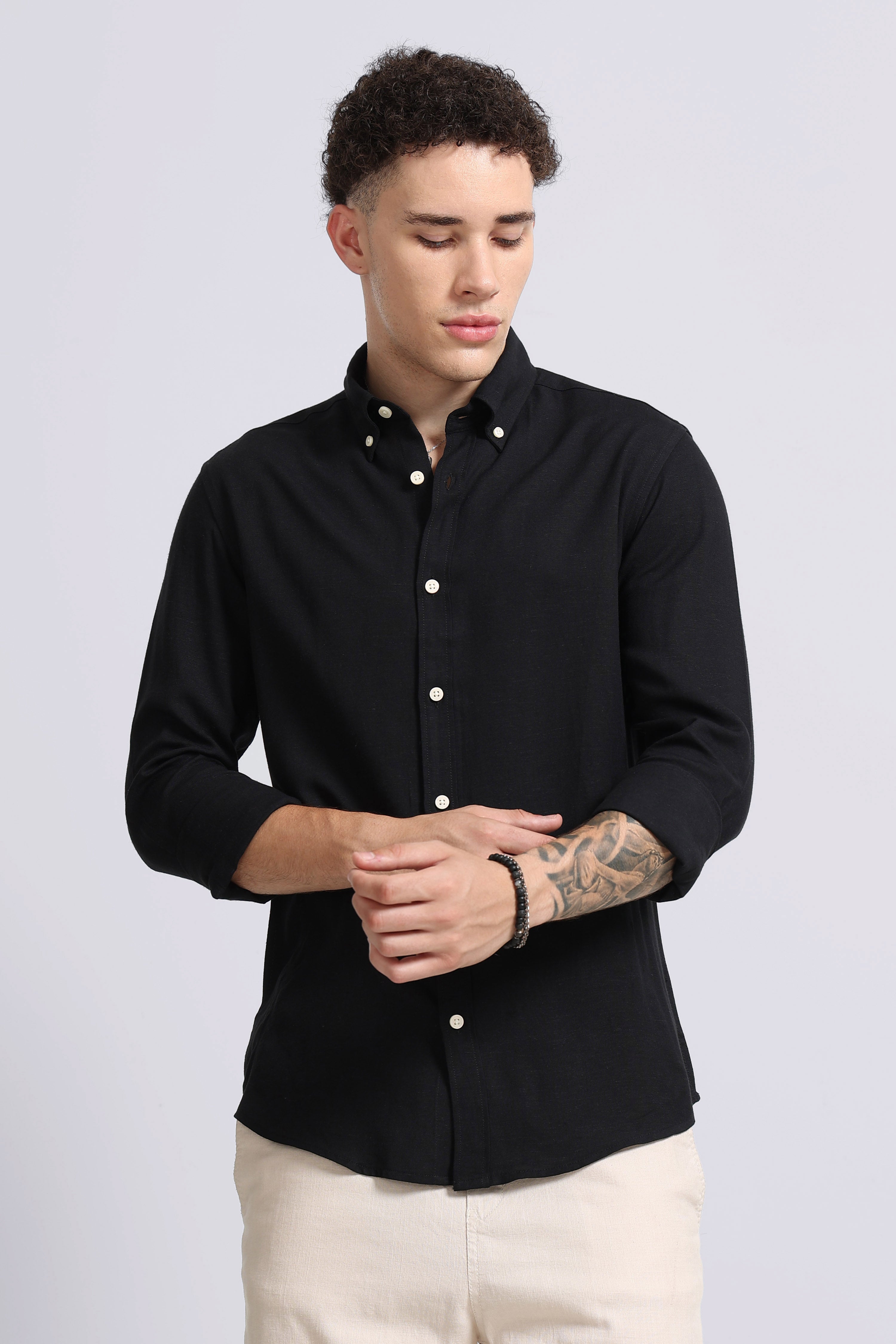 Men Black Viscose Linen Shirt