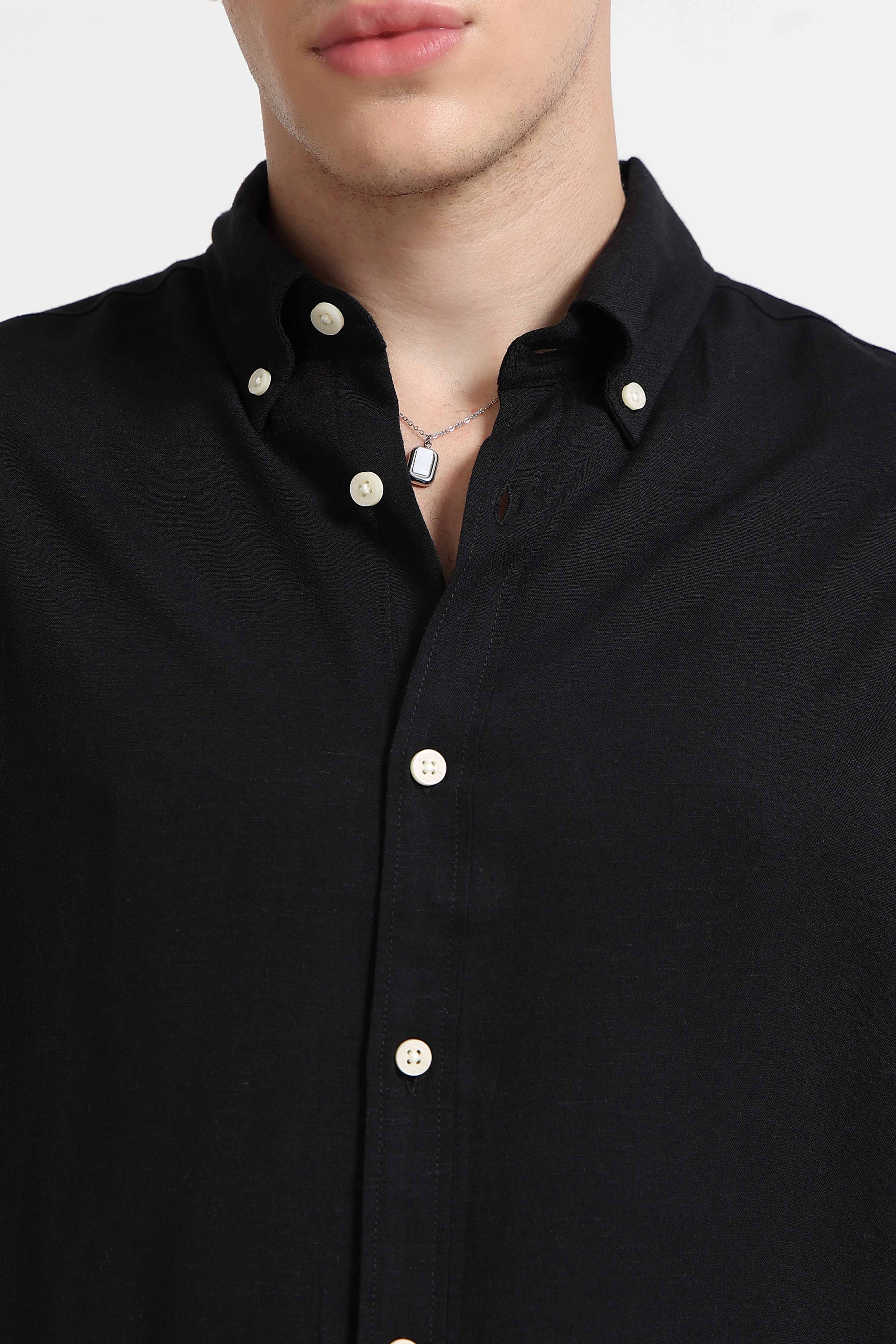 Men Black Viscose Linen Shirt