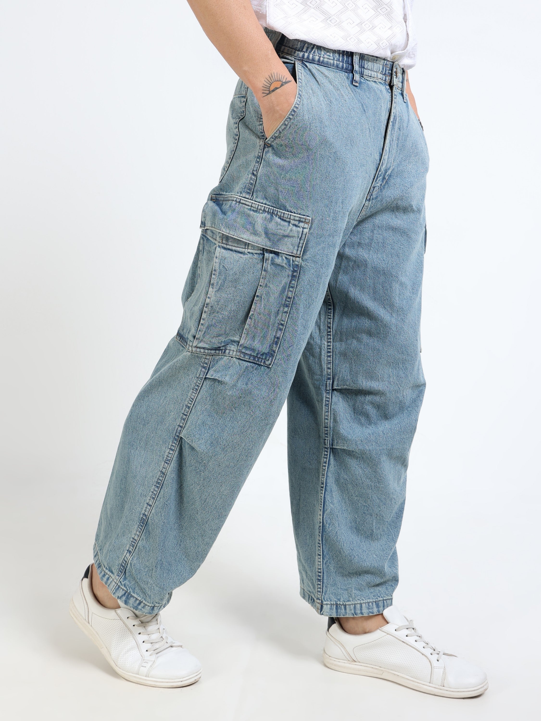 Men Blue Denim Baggy Cargo Pants