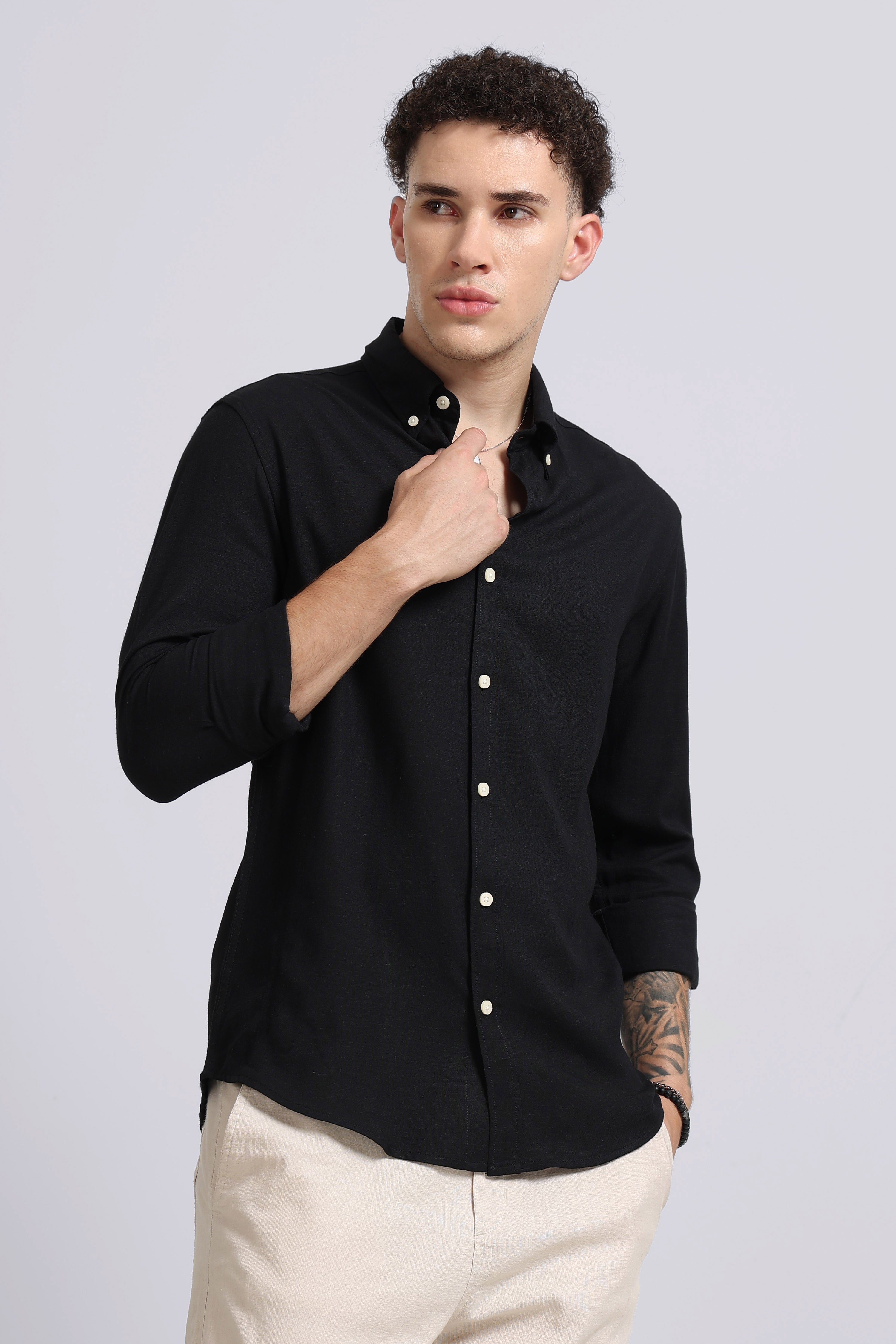 Men Black Viscose Linen Shirt