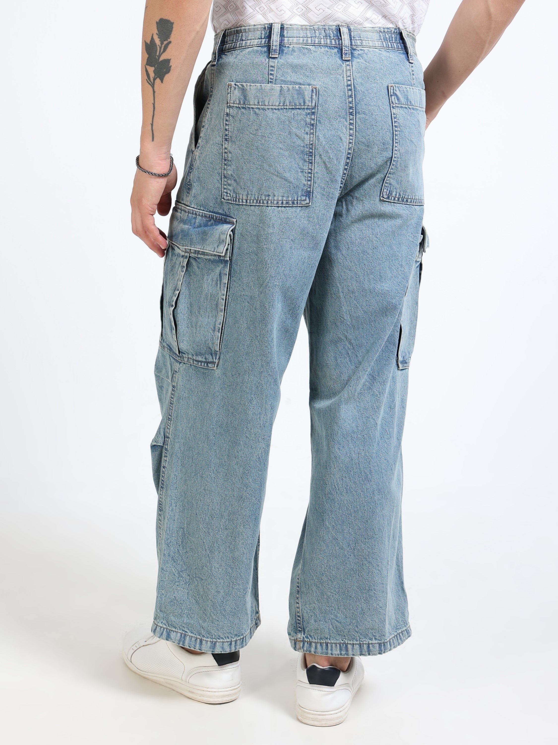 Men Blue Denim Baggy Cargo Pants