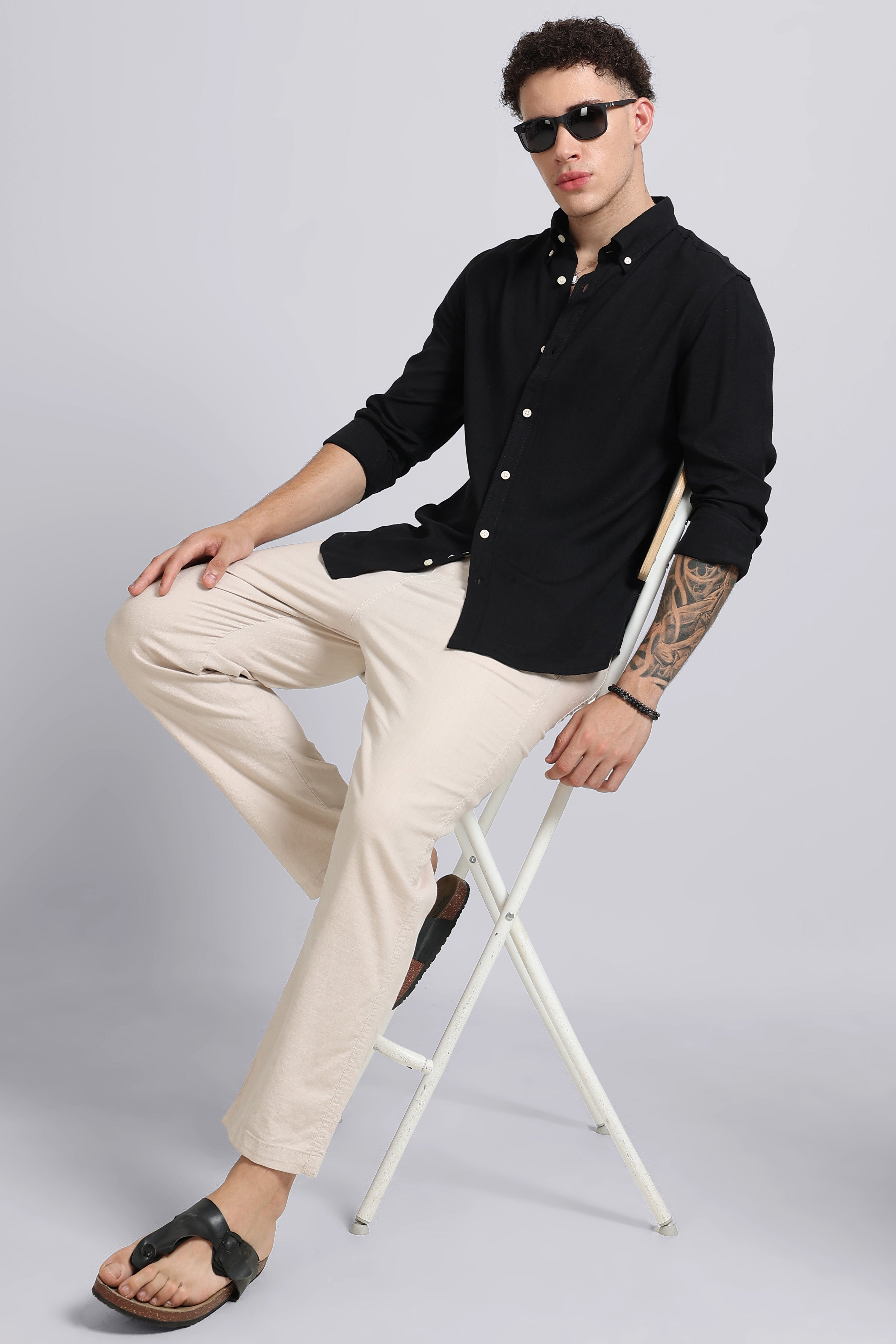 Men Black Viscose Linen Shirt