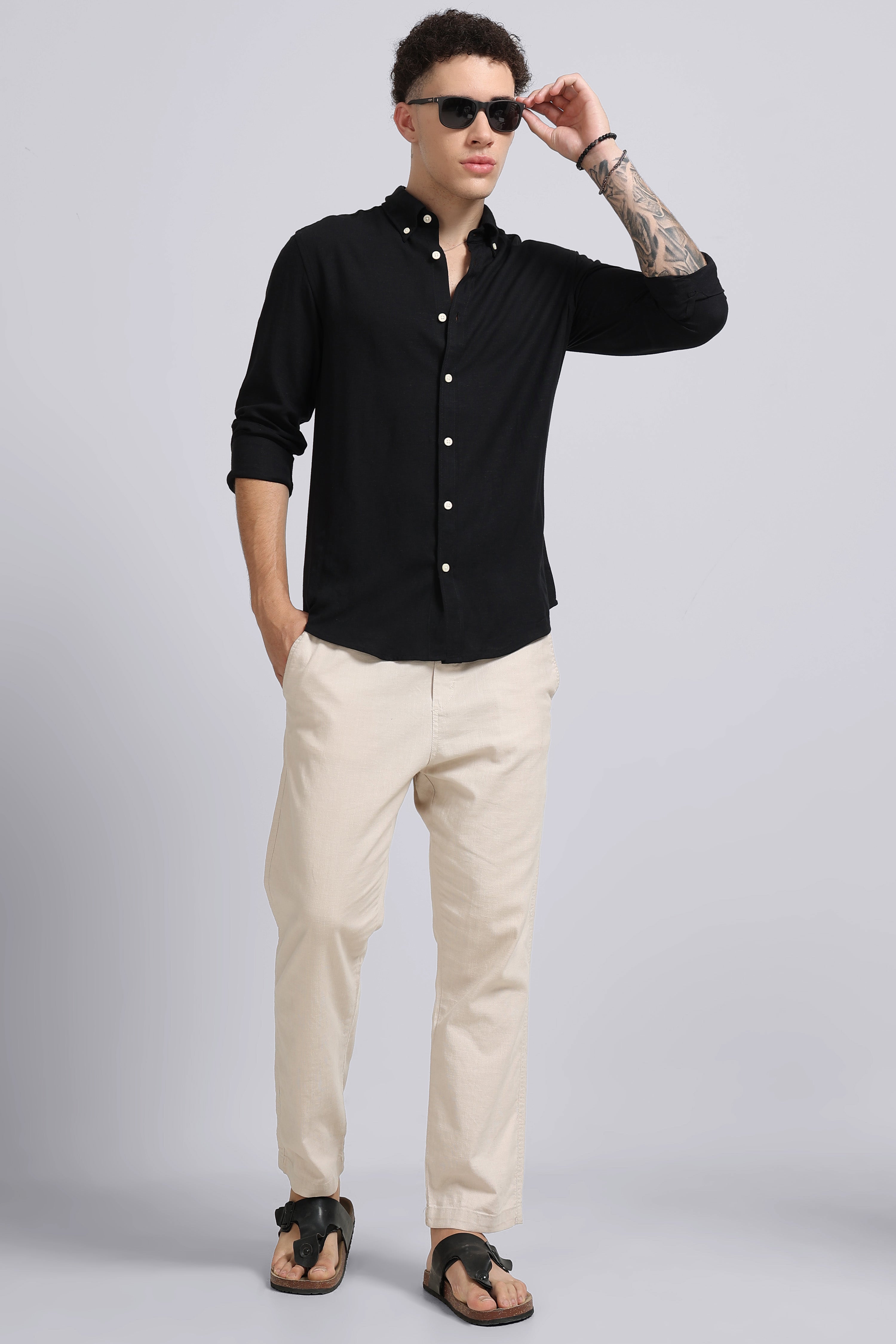 Men Black Viscose Linen Shirt