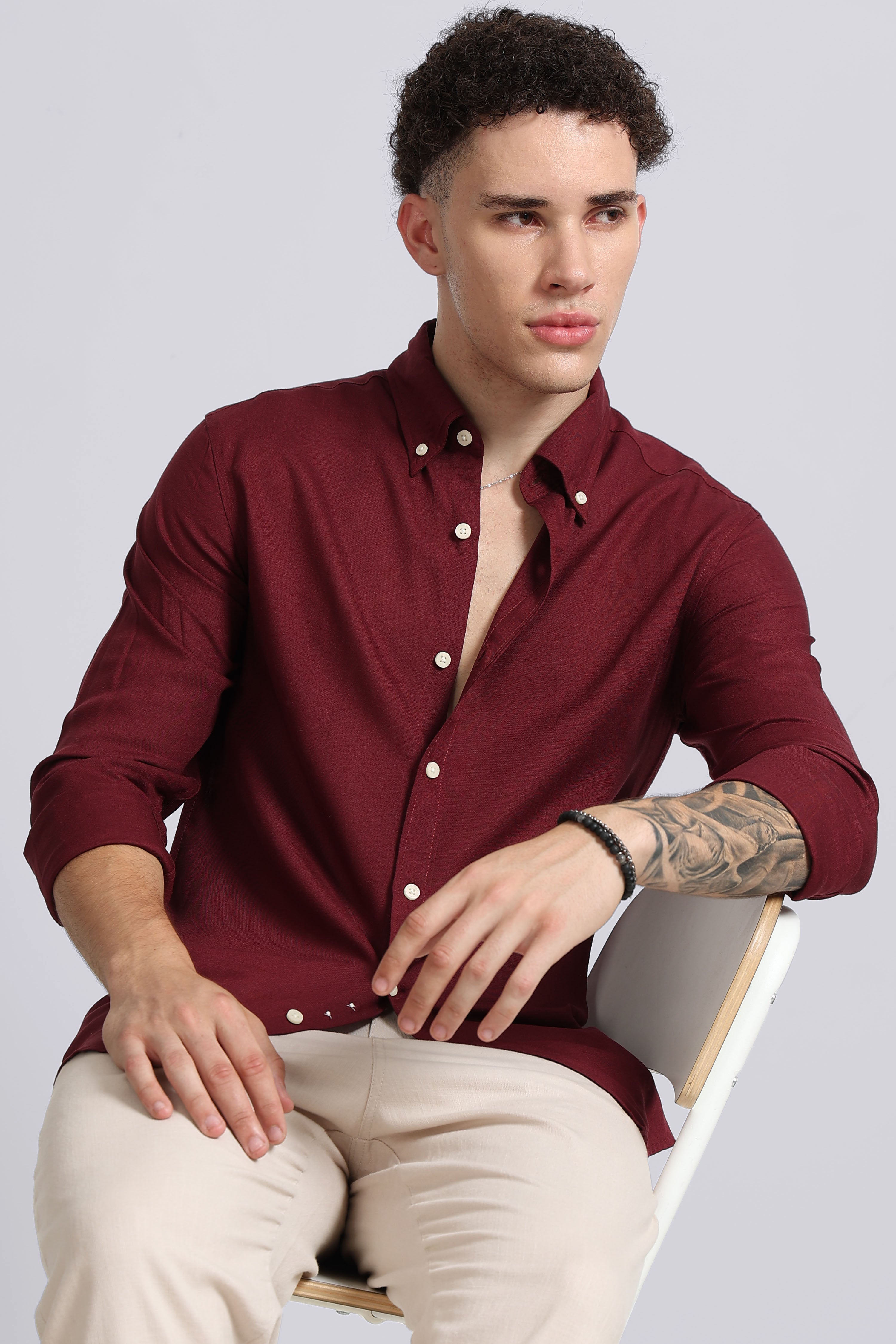 Men Maroon Viscose Linen Shirt