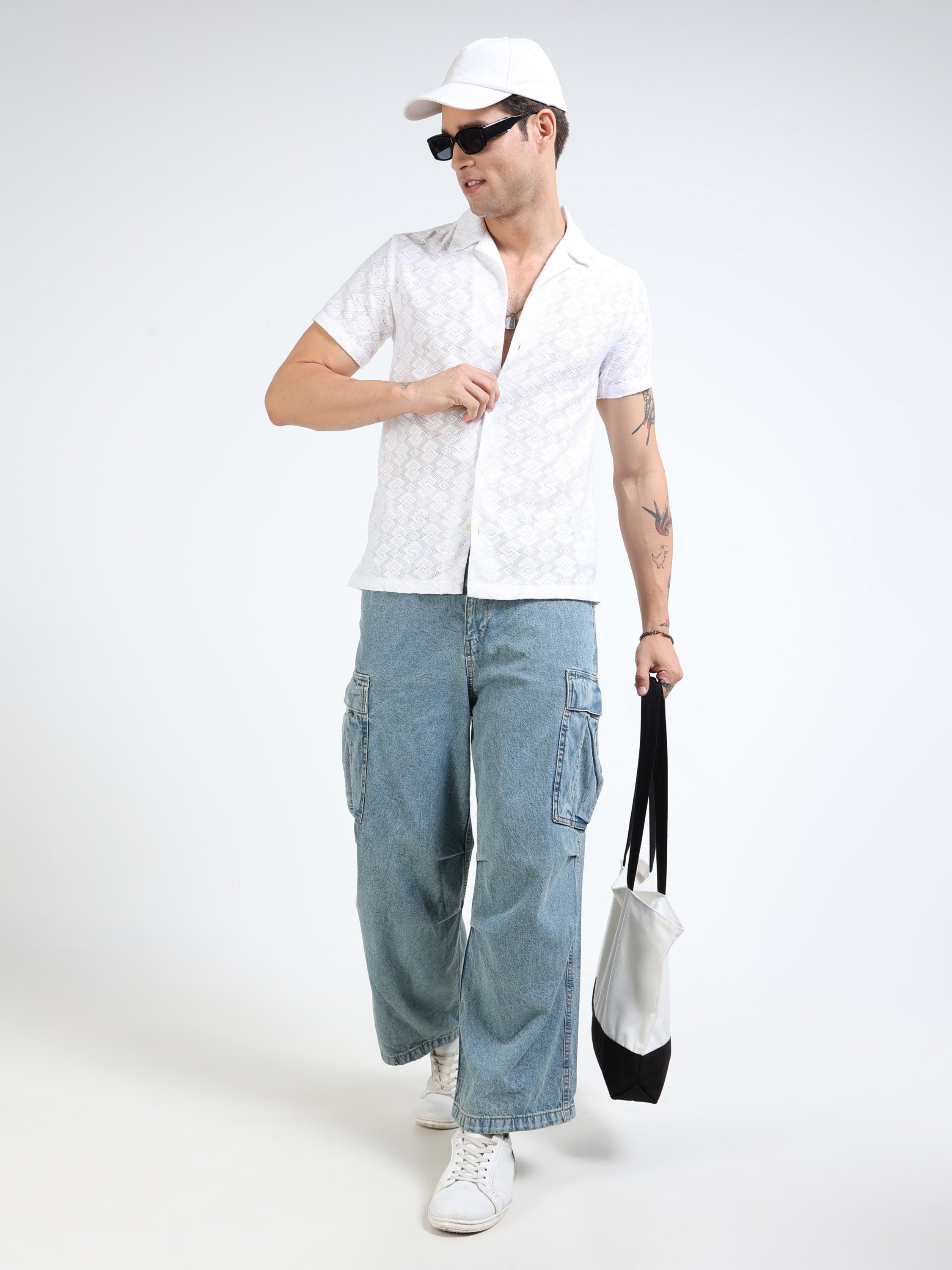 Men Blue Denim Baggy Cargo Pants