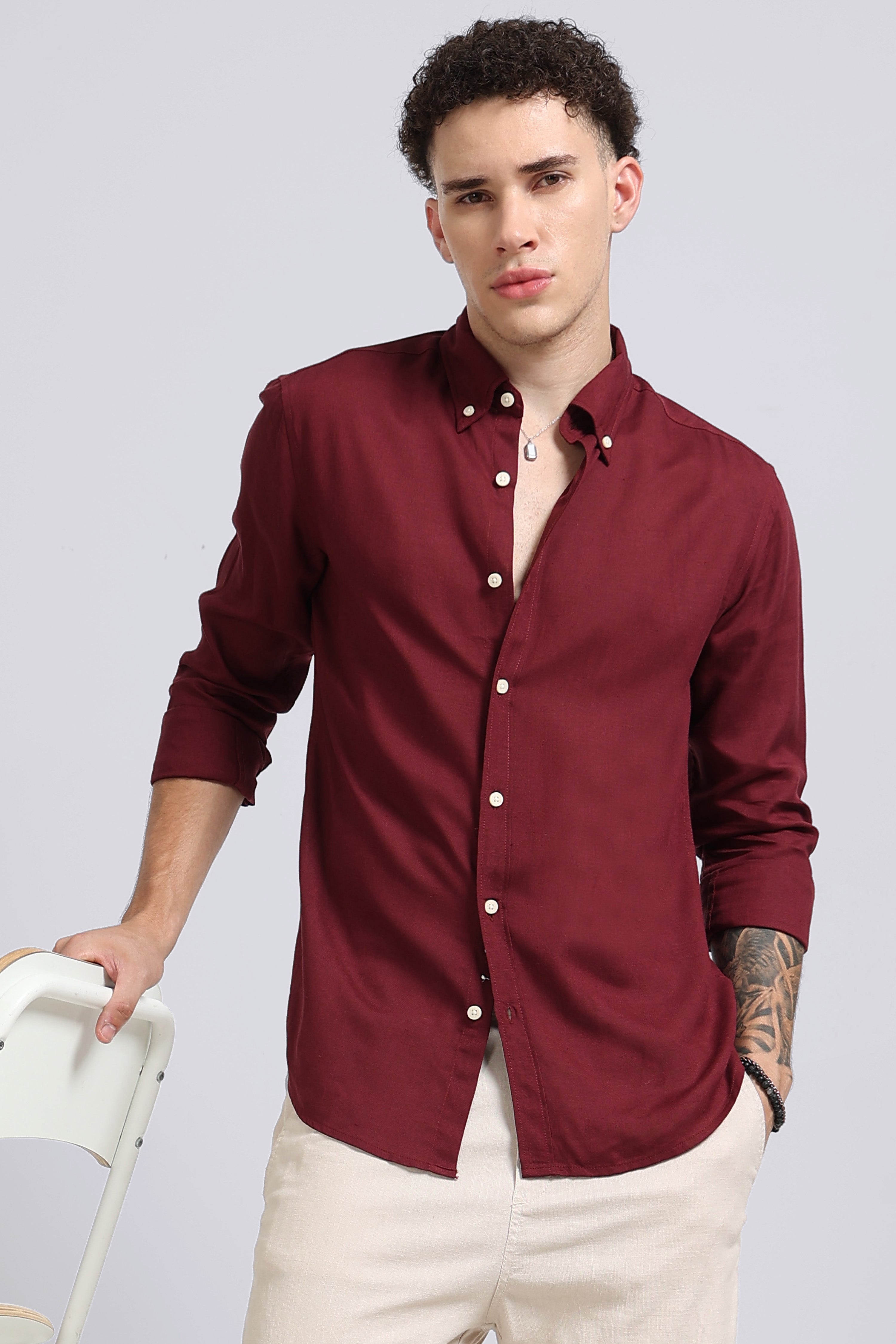 Men Maroon Viscose Linen Shirt