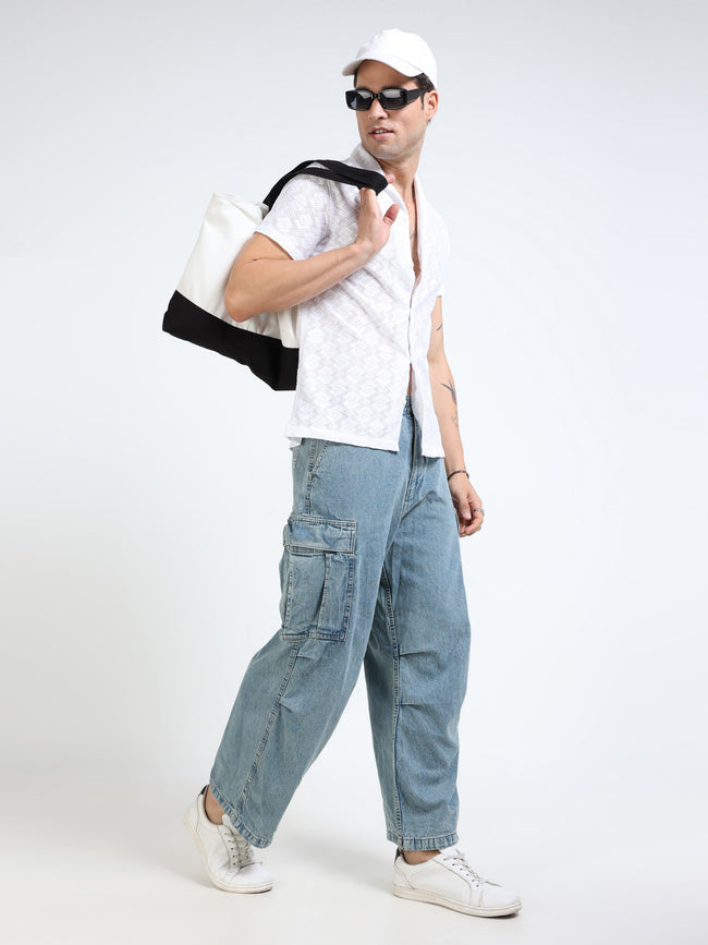 Men Blue Denim Baggy Cargo Pants