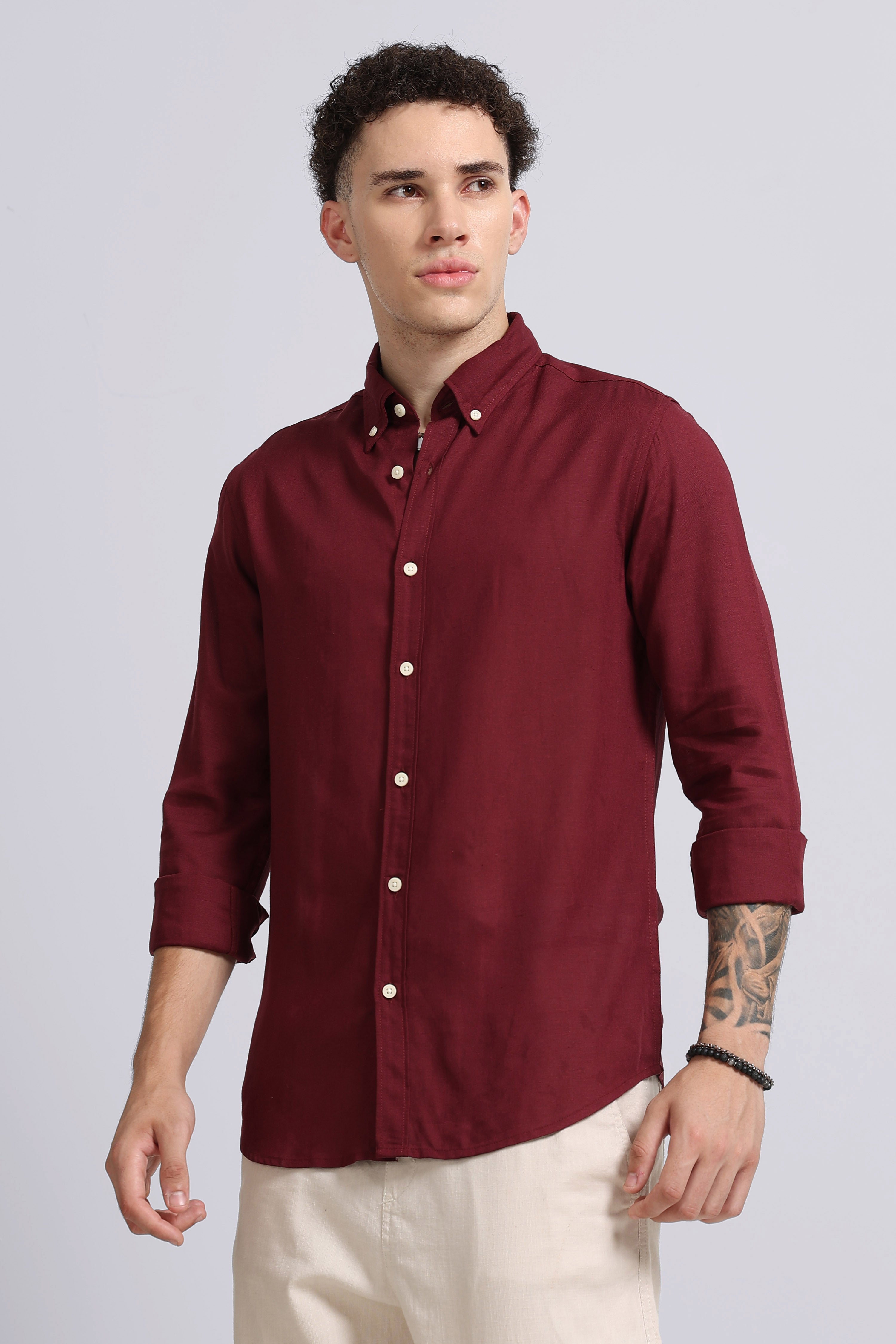 Men Maroon Viscose Linen Shirt
