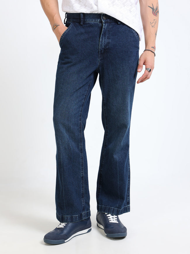 Men Navy Denim Flared Pants