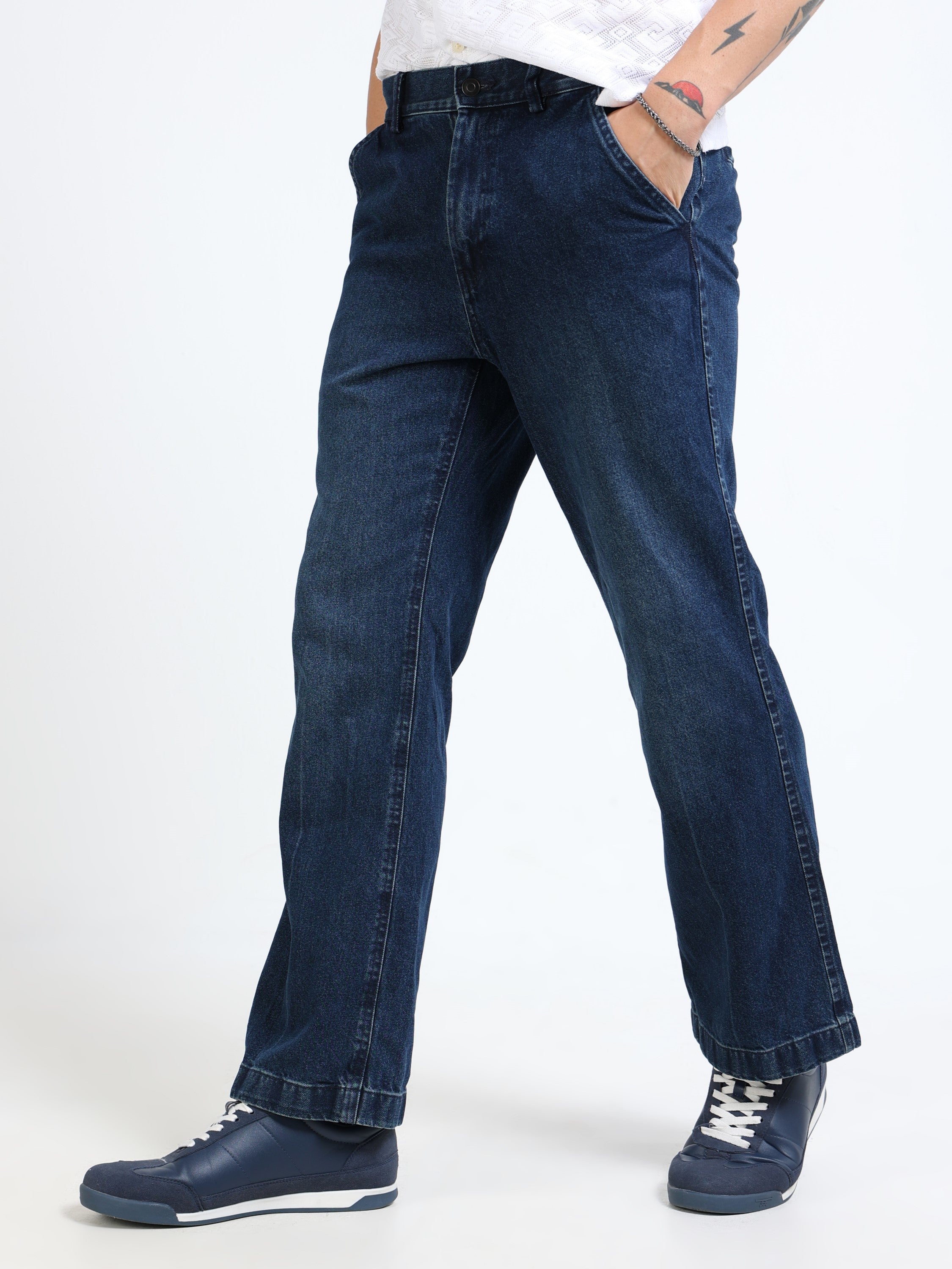 Men Navy Denim Flared Pants