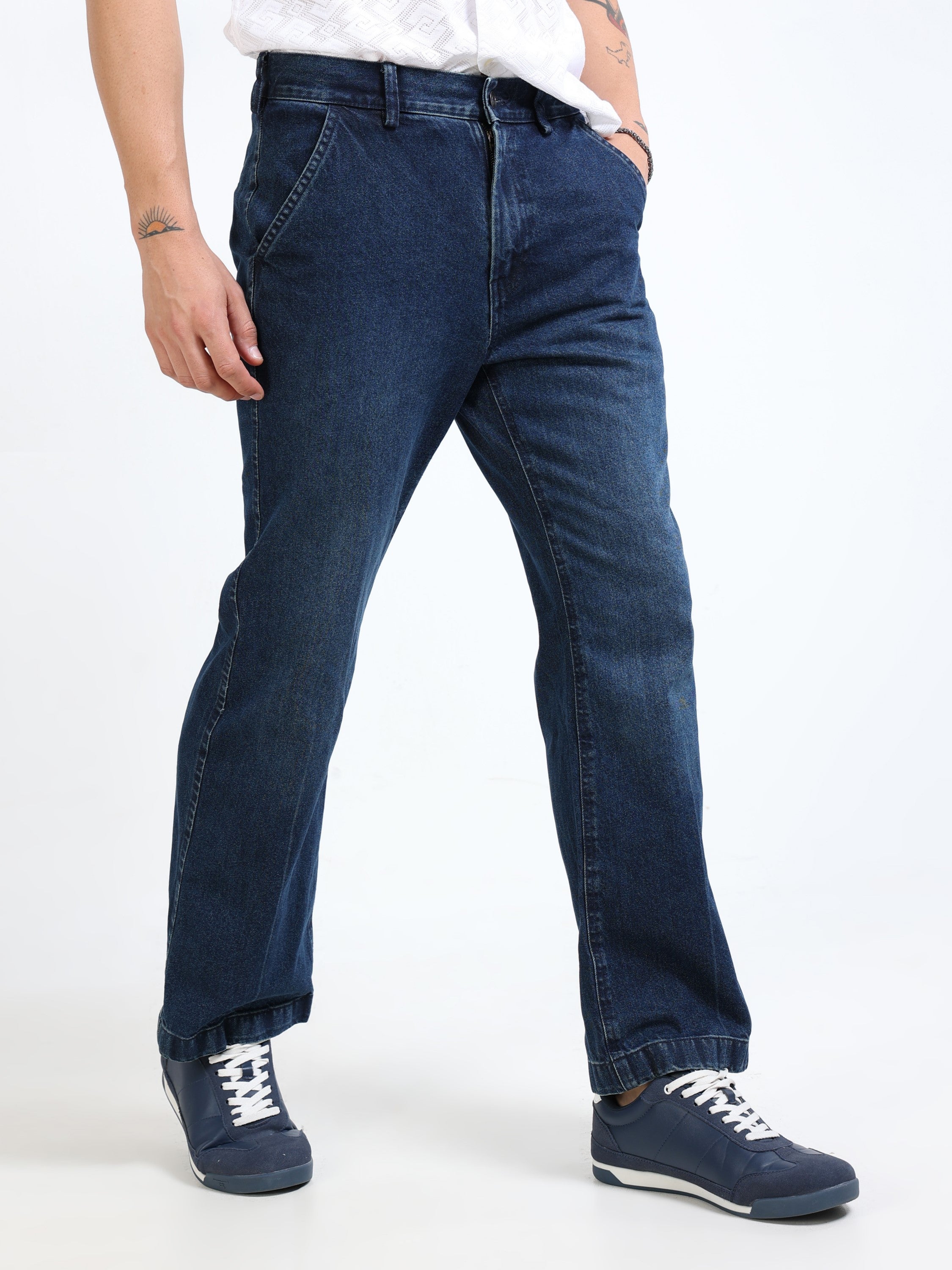 Men Navy Denim Flared Pants