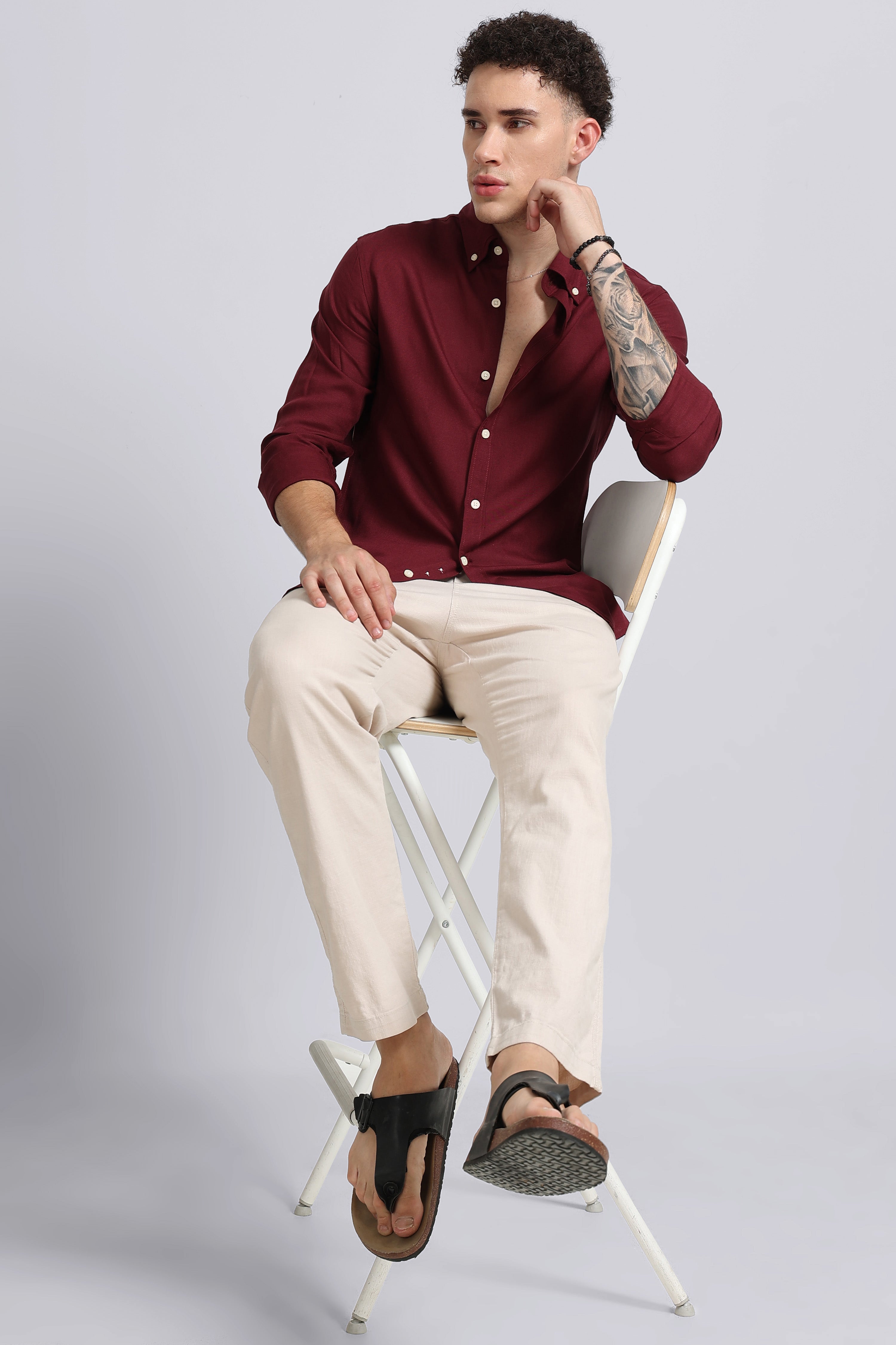 Men Maroon Viscose Linen Shirt
