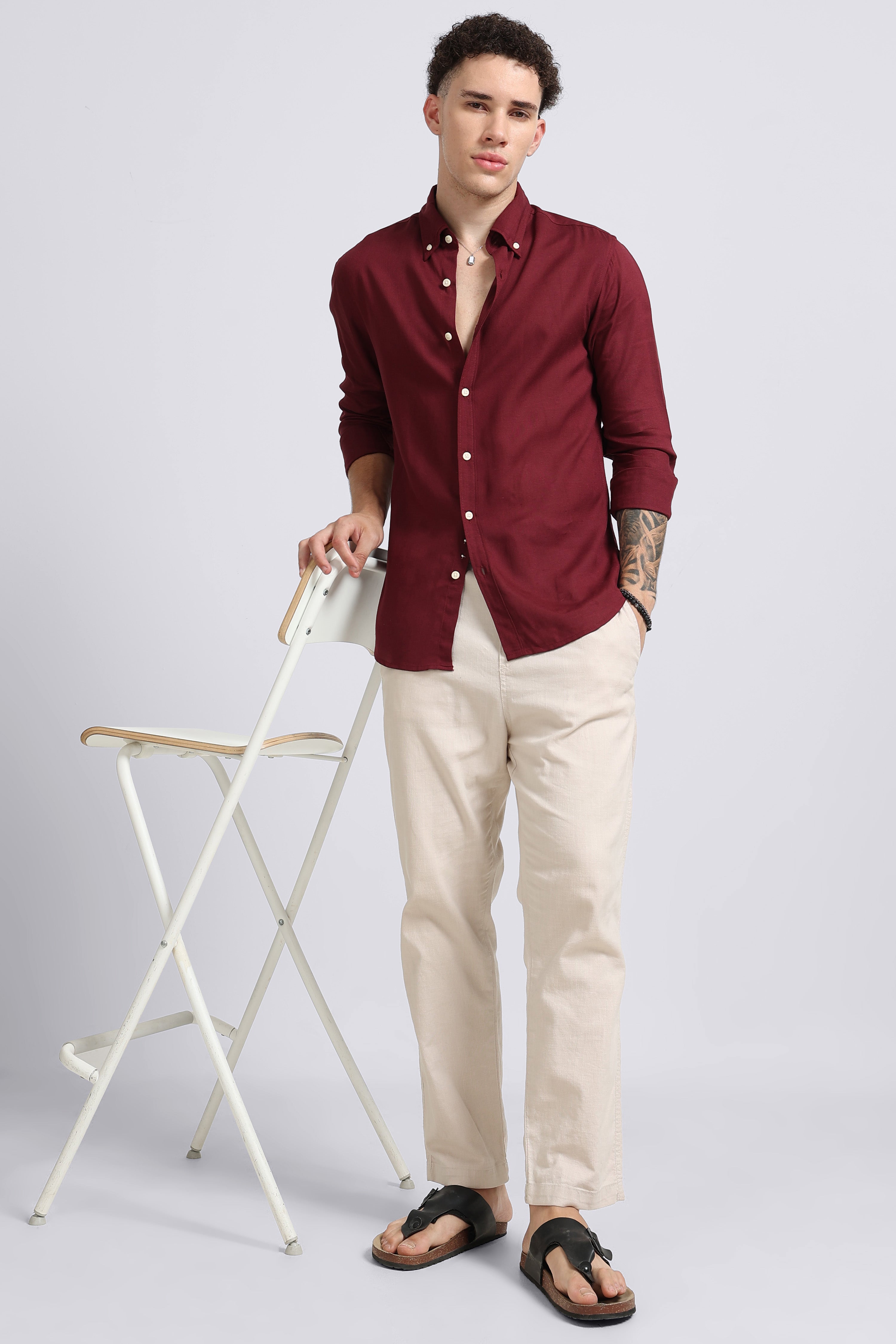Men Maroon Viscose Linen Shirt