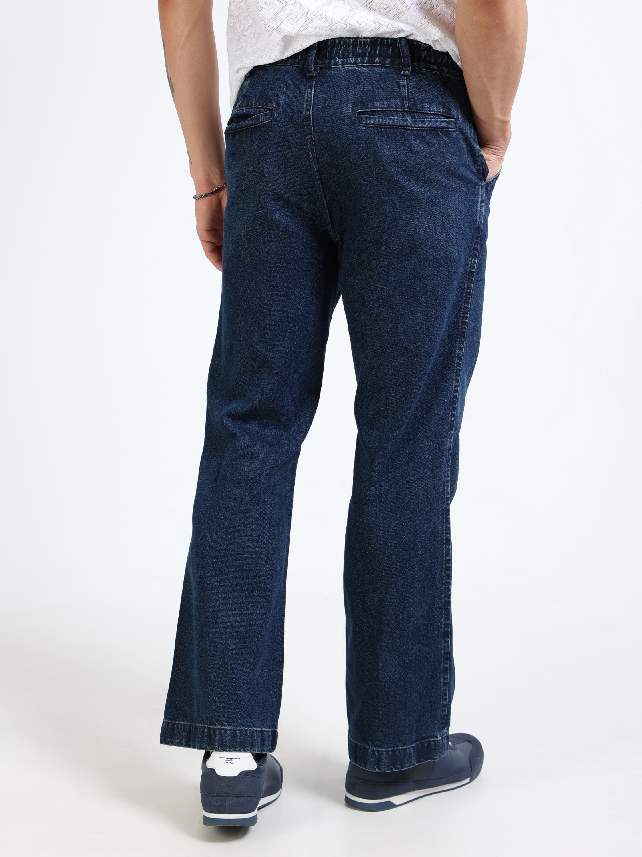 Men Navy Denim Flared Pants