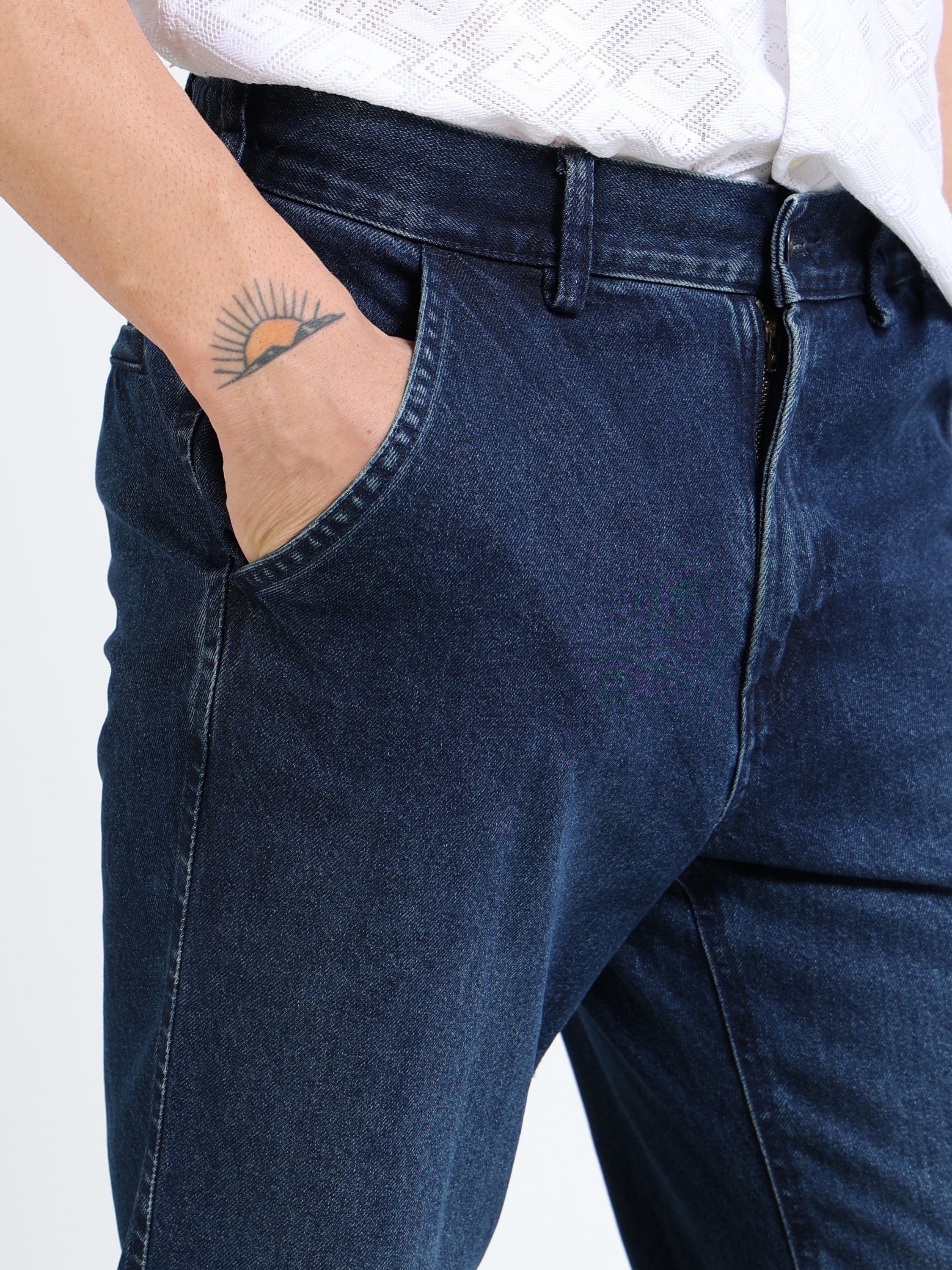 Men Navy Denim Flared Pants