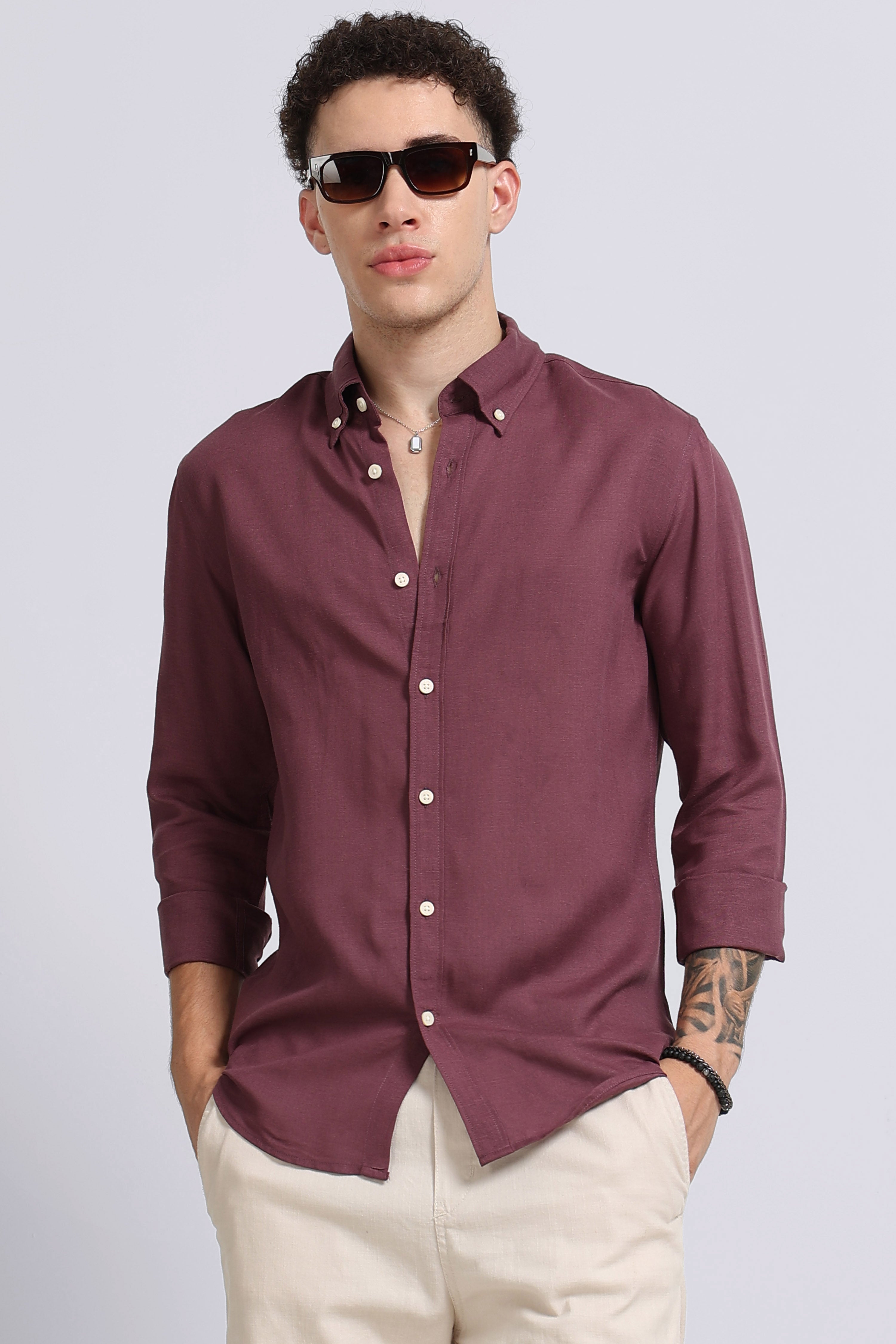 Men Purple Viscose Linen Shirt