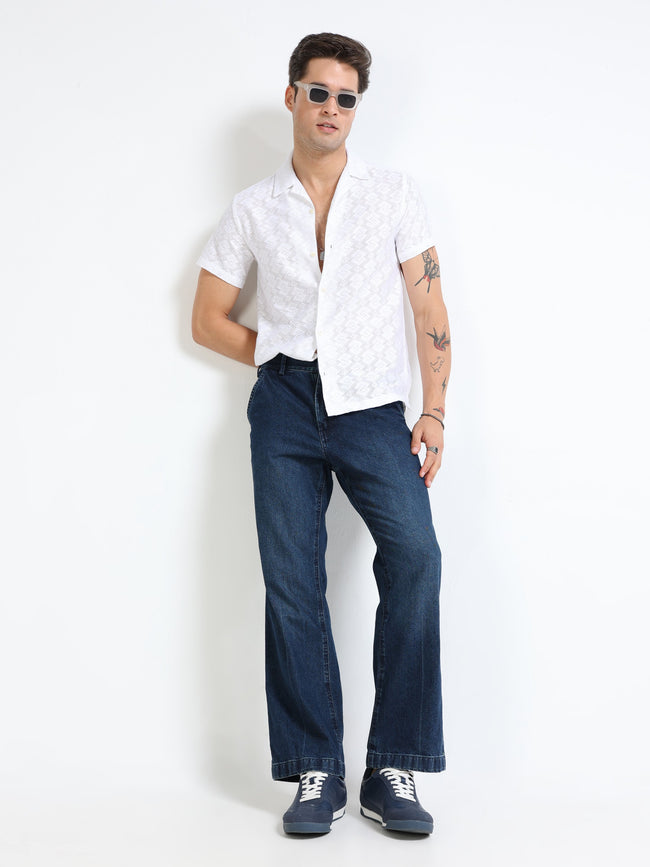 Men Navy Denim Flared Pants