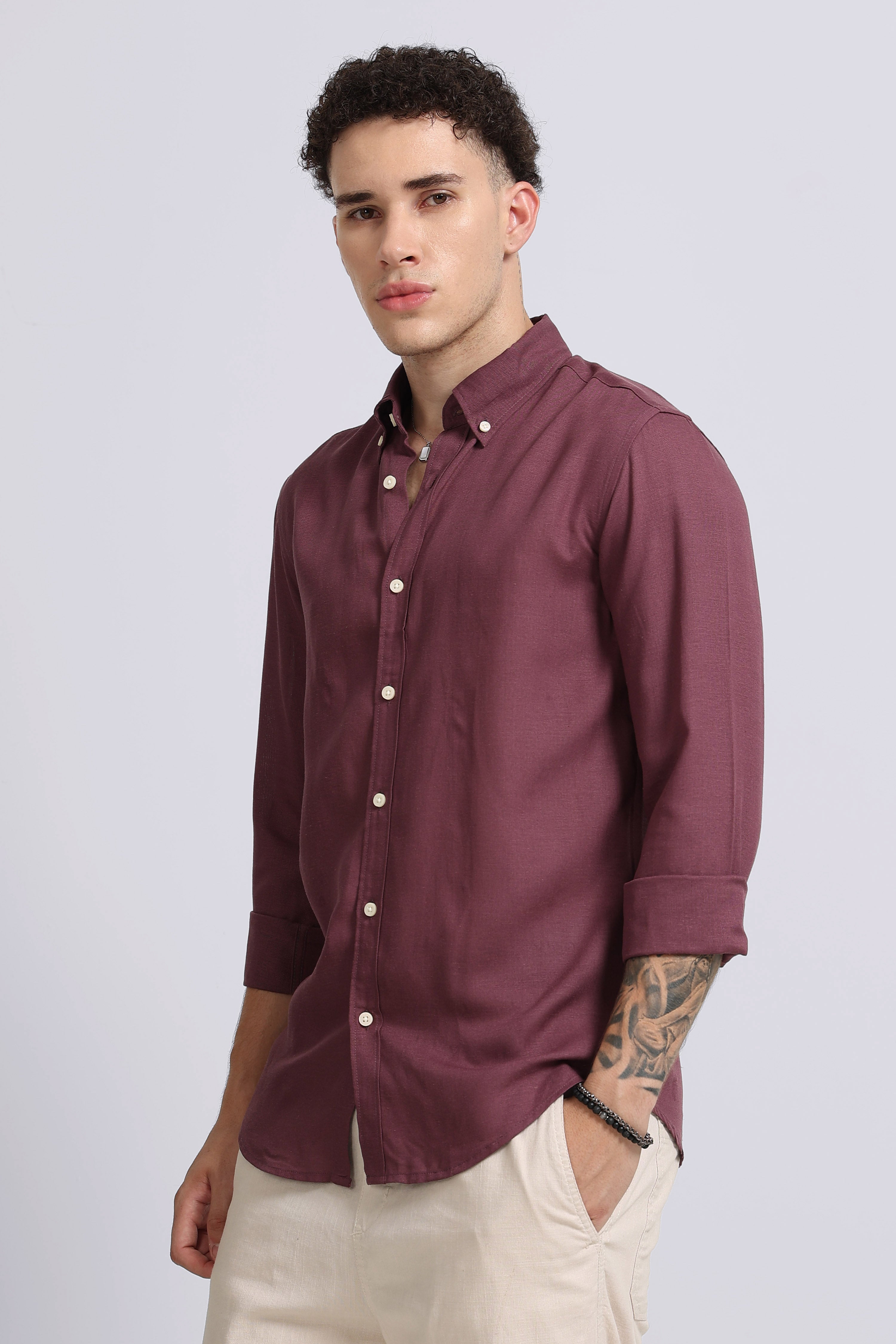 Men Purple Viscose Linen Shirt