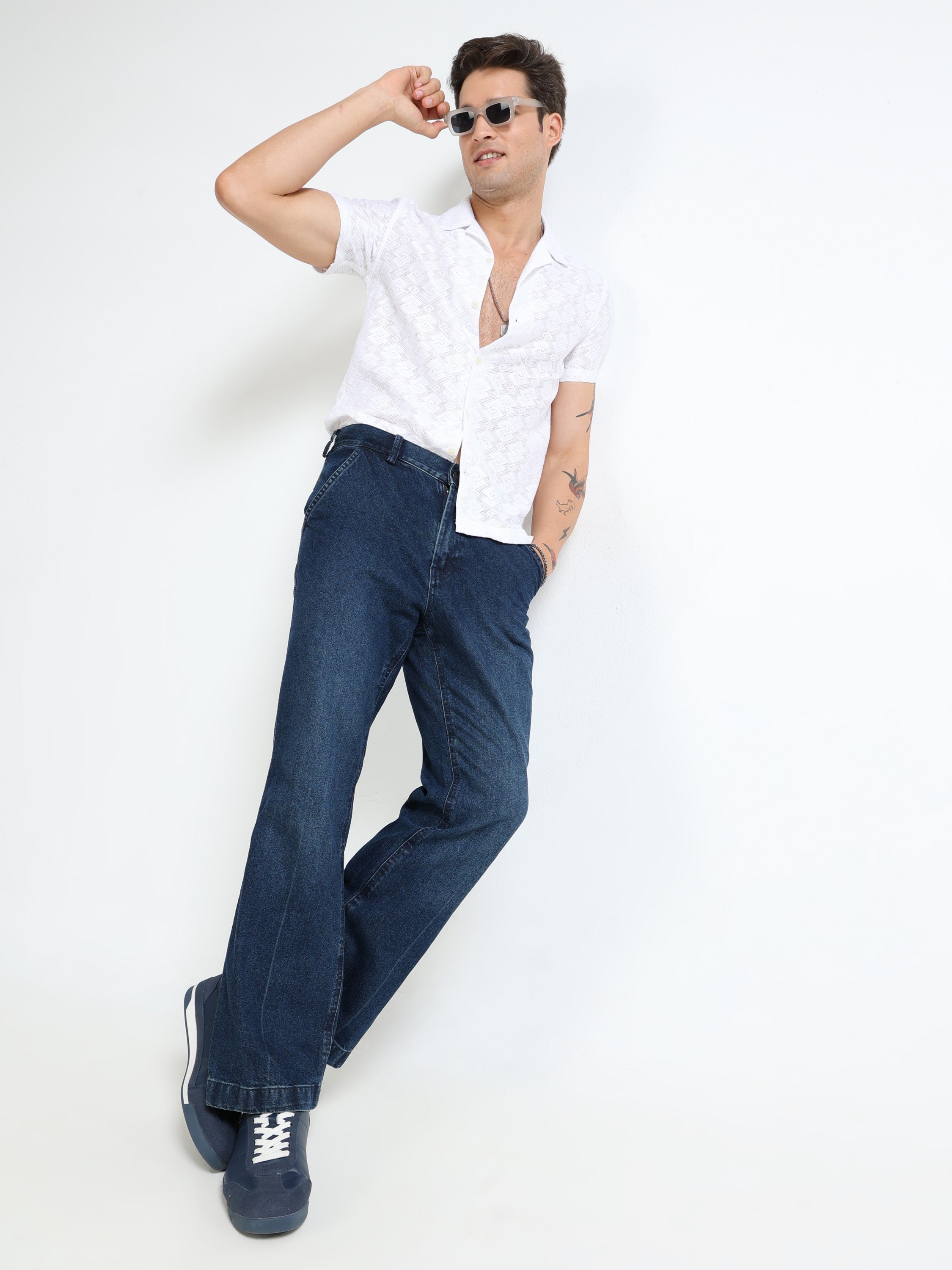 Men Navy Denim Flared Pants