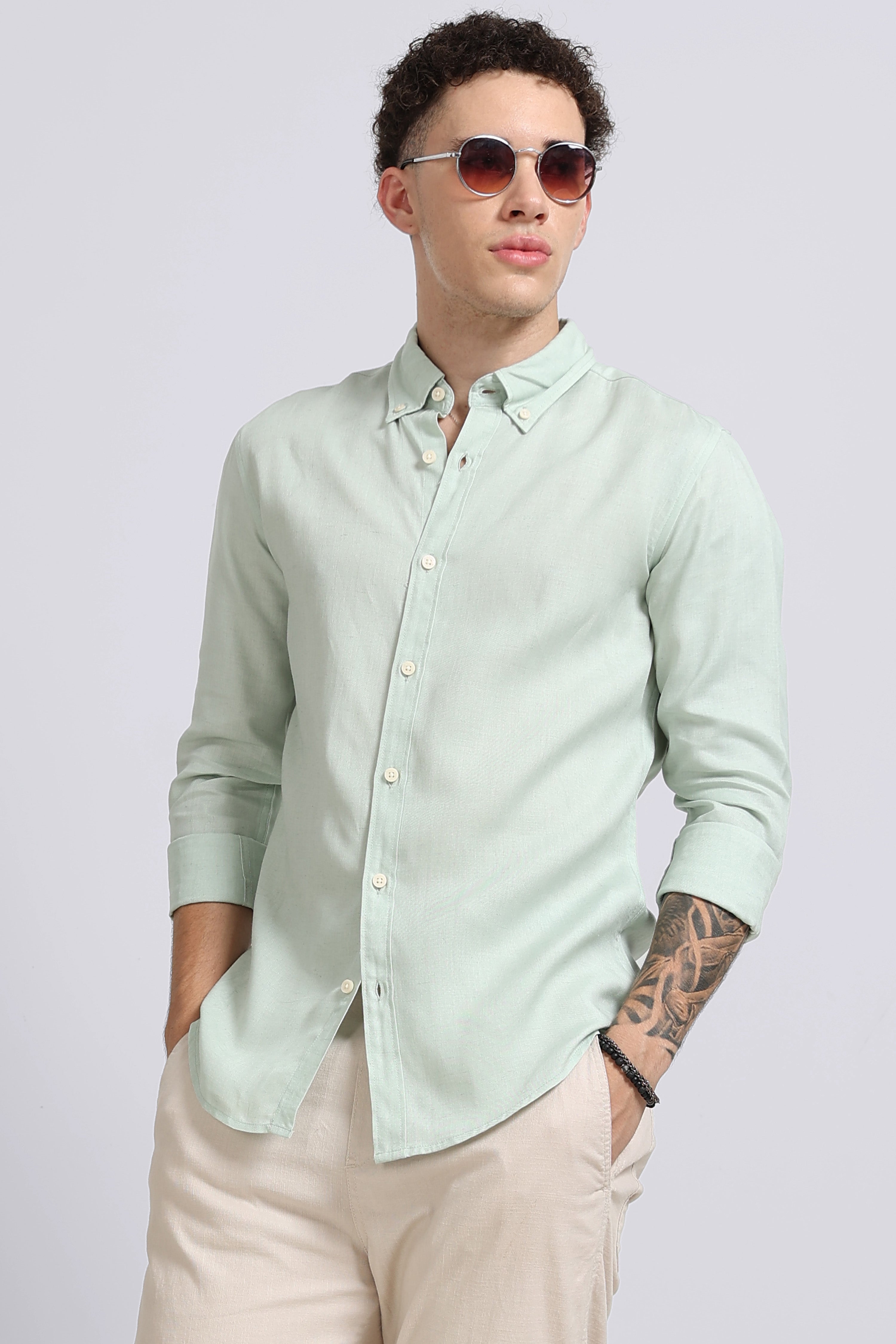 Men Green Viscose Linen Shirt