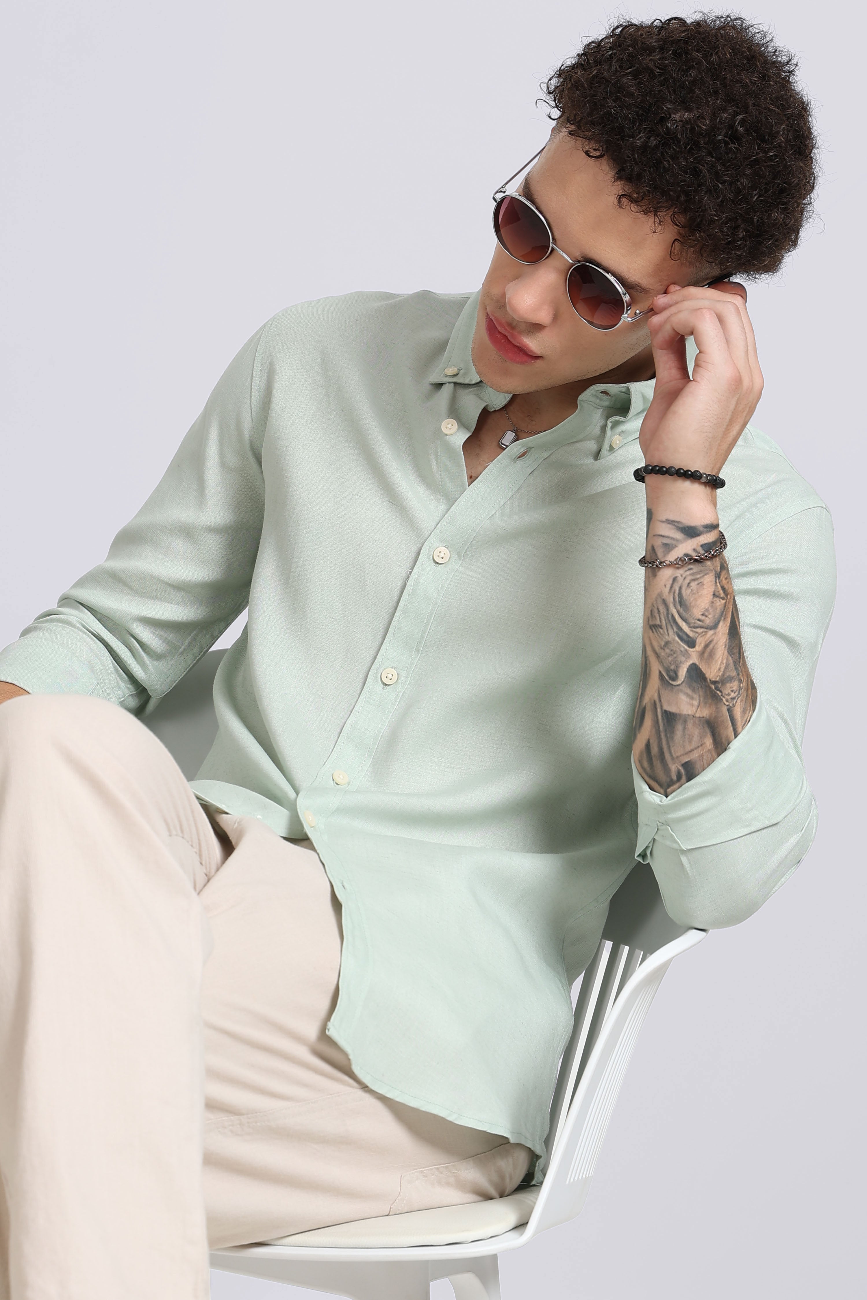 Men Green Viscose Linen Shirt