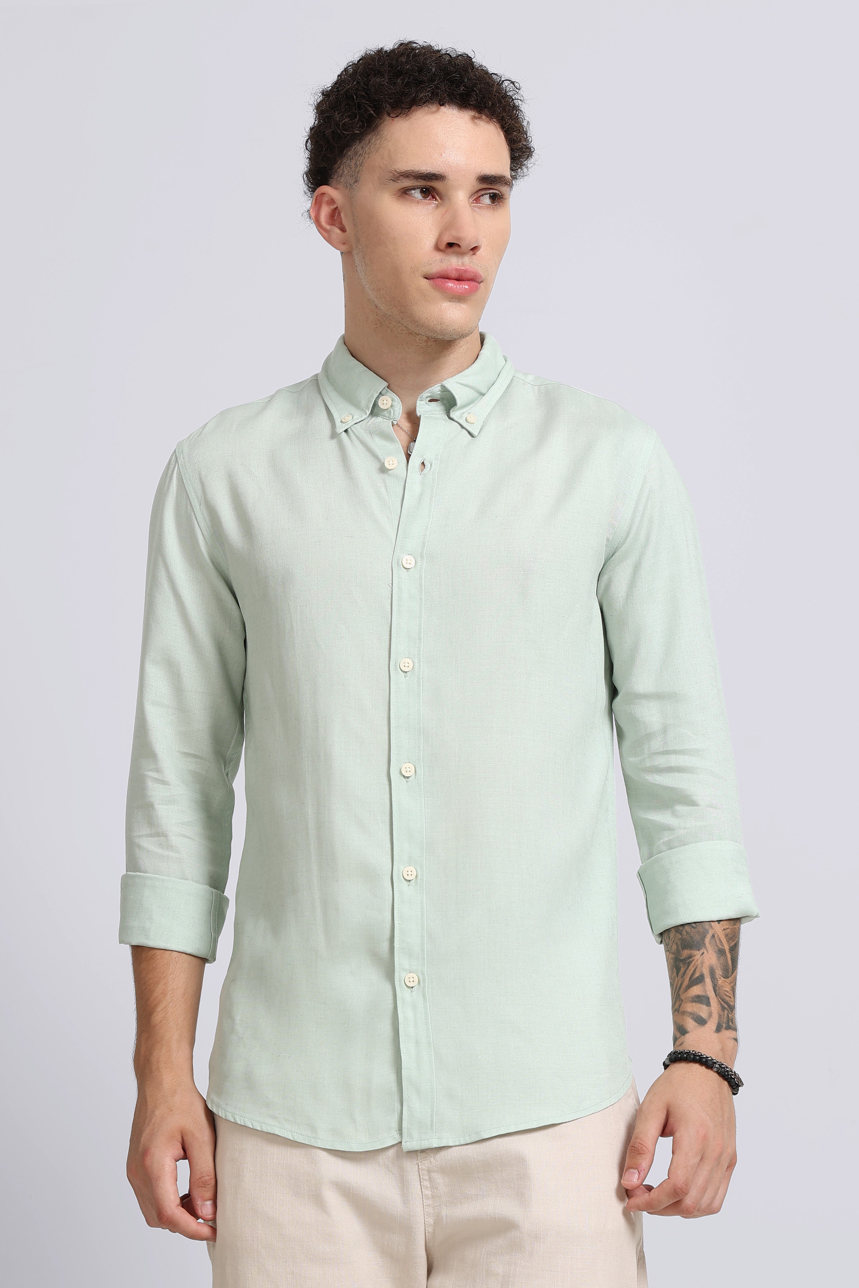 Men Green Viscose Linen Shirt