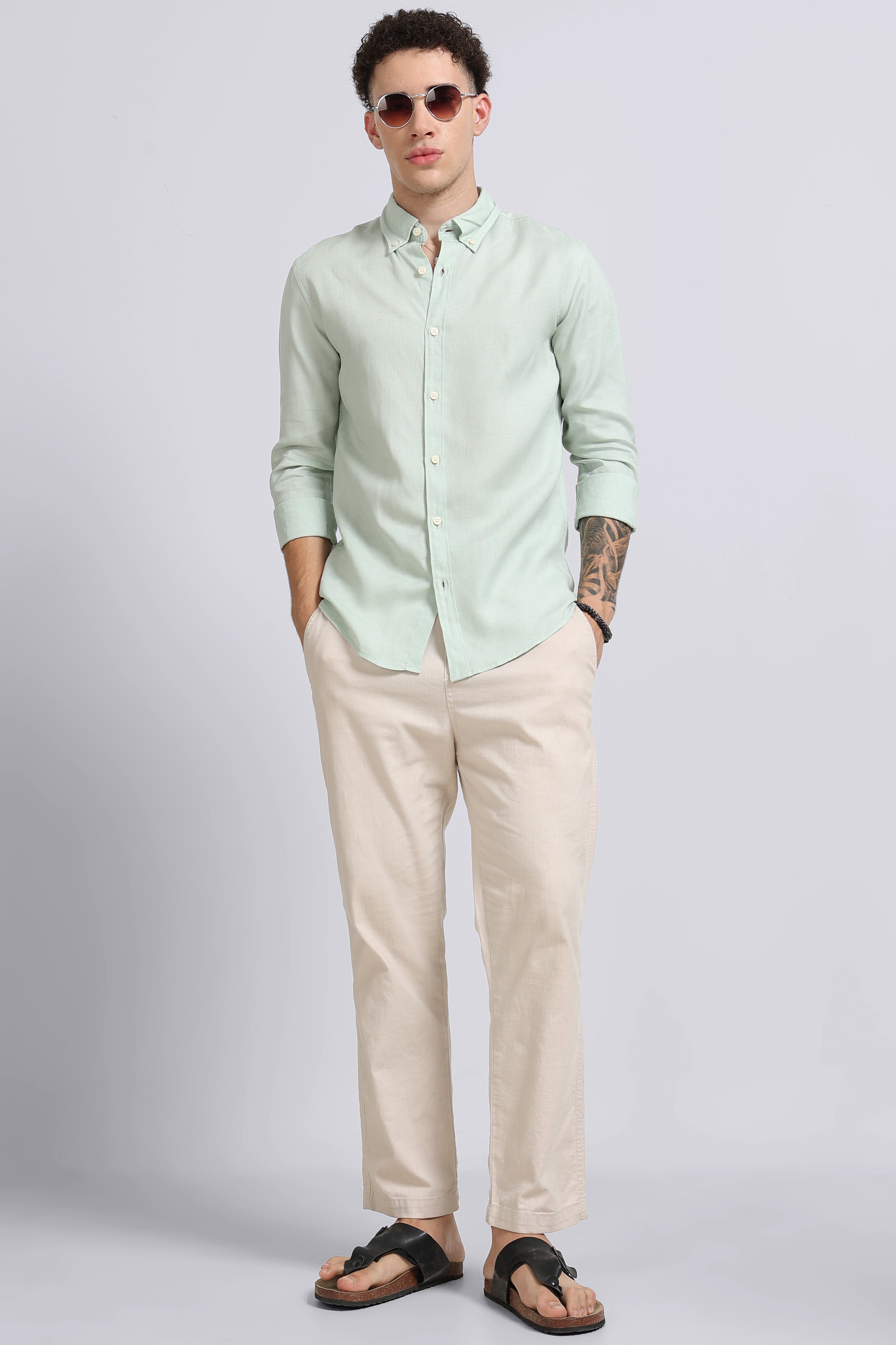 Men Green Viscose Linen Shirt