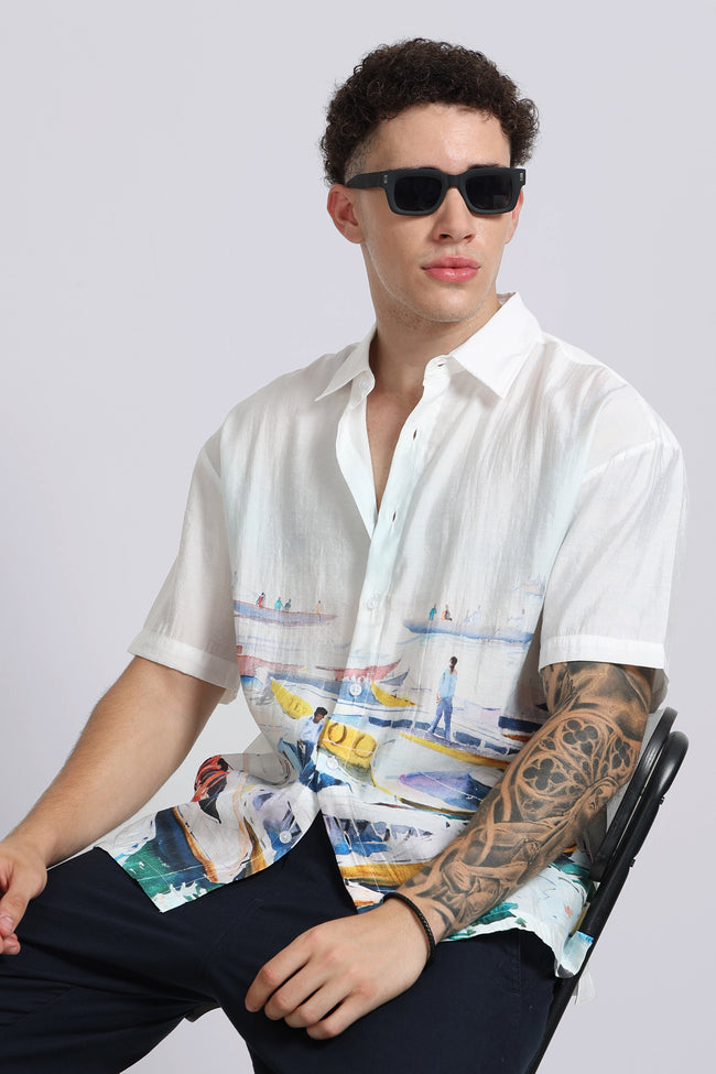 Men Blue Oversized Print Shirt