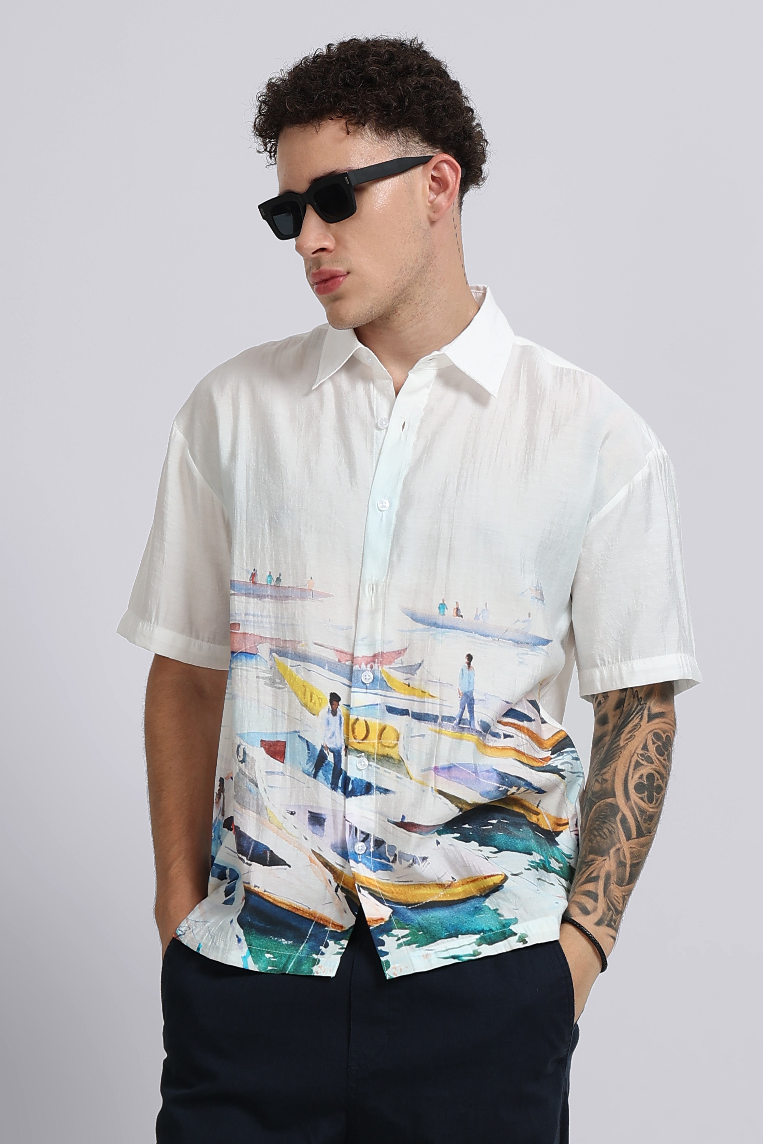 Men Blue Oversized Print Shirt