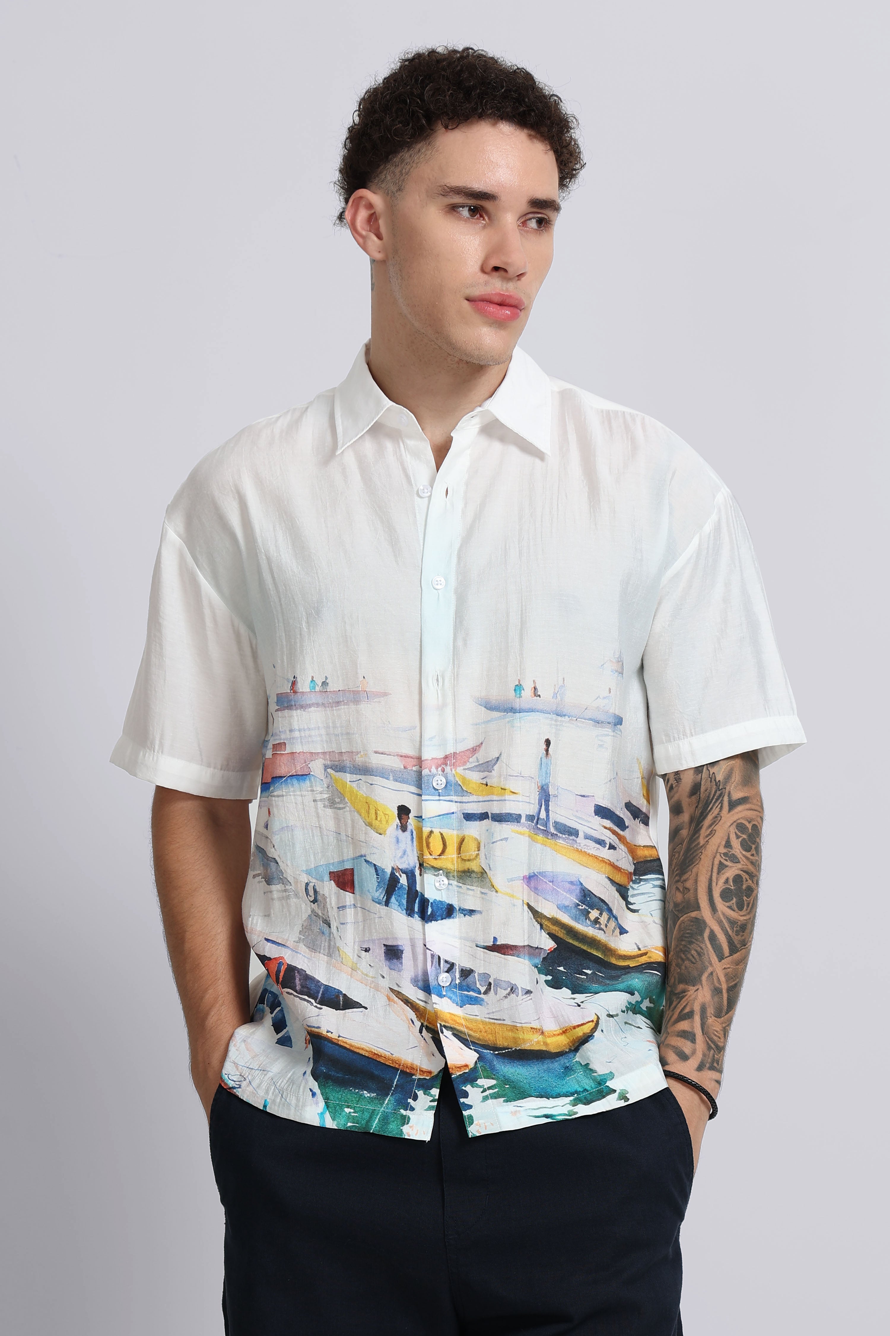 Men Blue Oversized Print Shirt