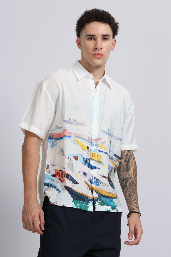 Men Blue Oversized Print Shirt